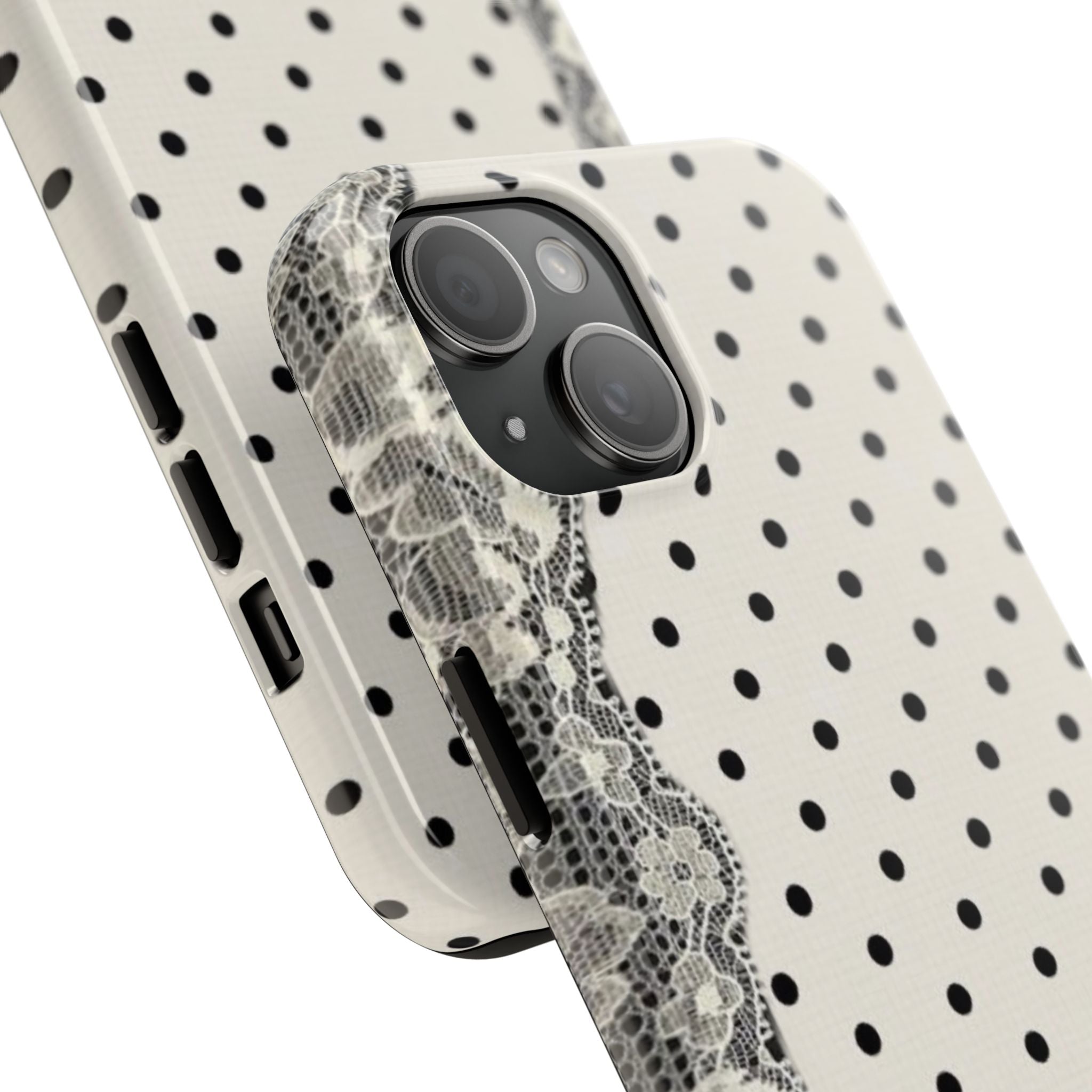 Polka Dot Lace Tough Phone Case – Vintage Black & Ivory Protective Cover