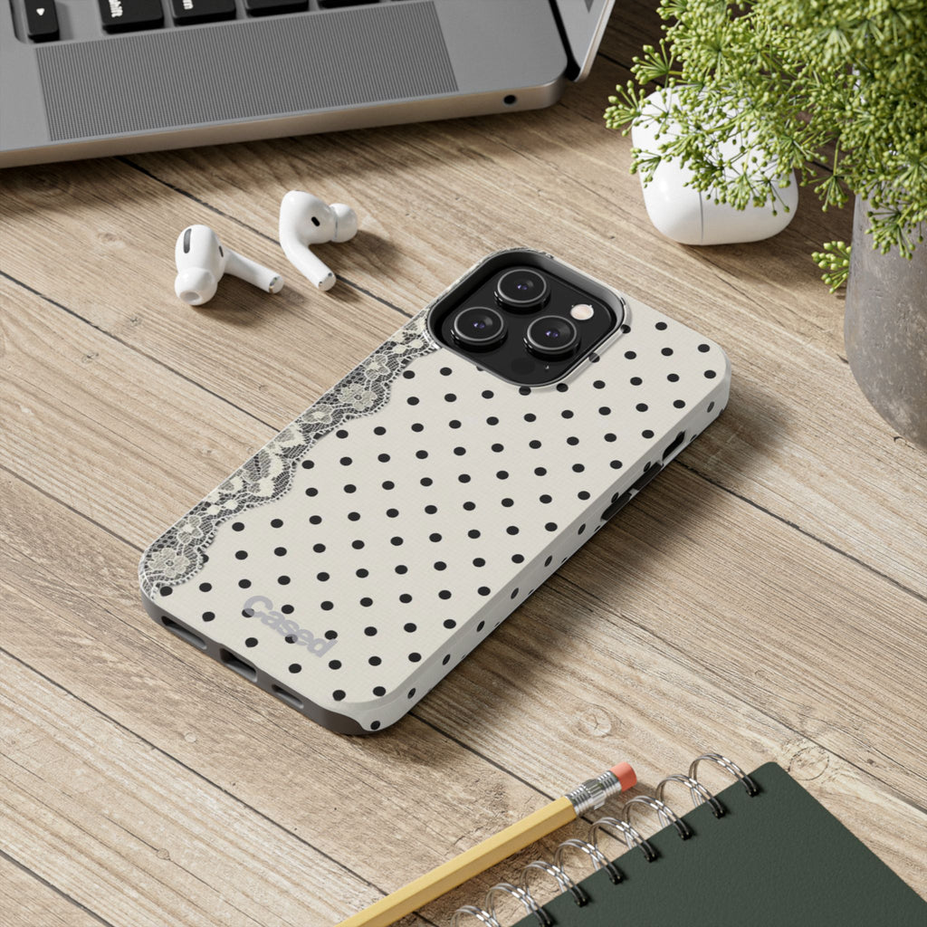 Polka Dot Lace Tough Phone Case – Vintage Black & Ivory Protective Cover