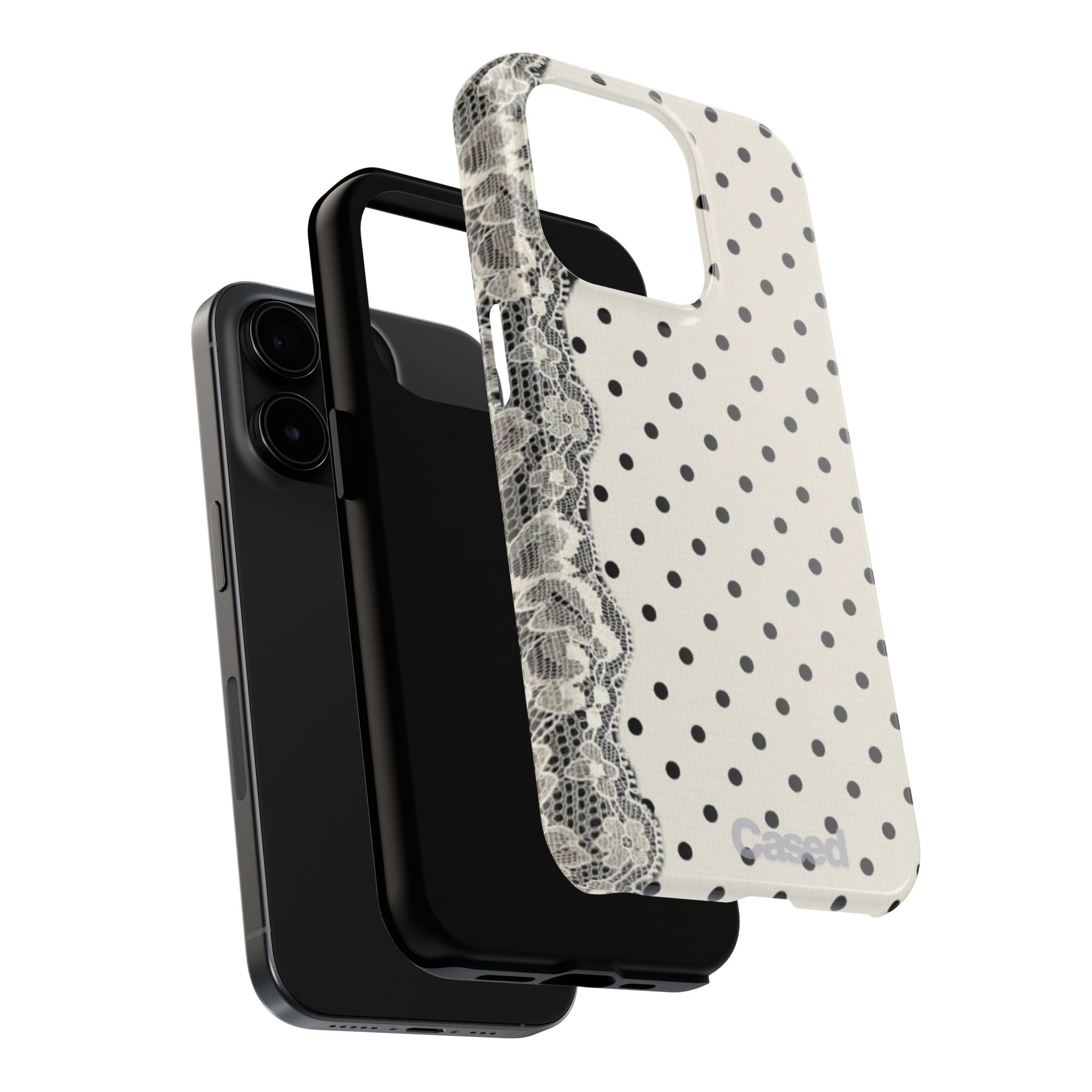 Polka Dot Lace Tough Phone Case – Vintage Black & Ivory Protective Cover