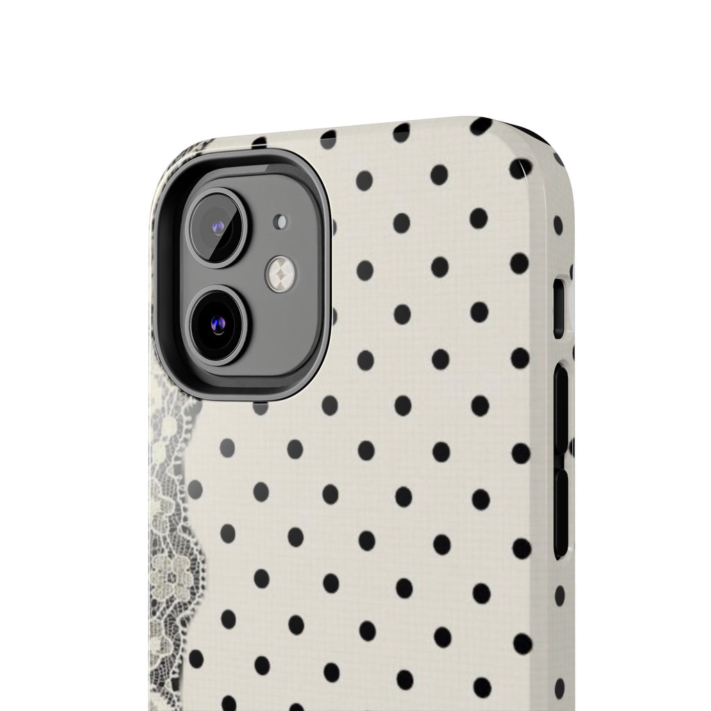 Polka Dot Lace Tough Phone Case – Vintage Black & Ivory Protective Cover