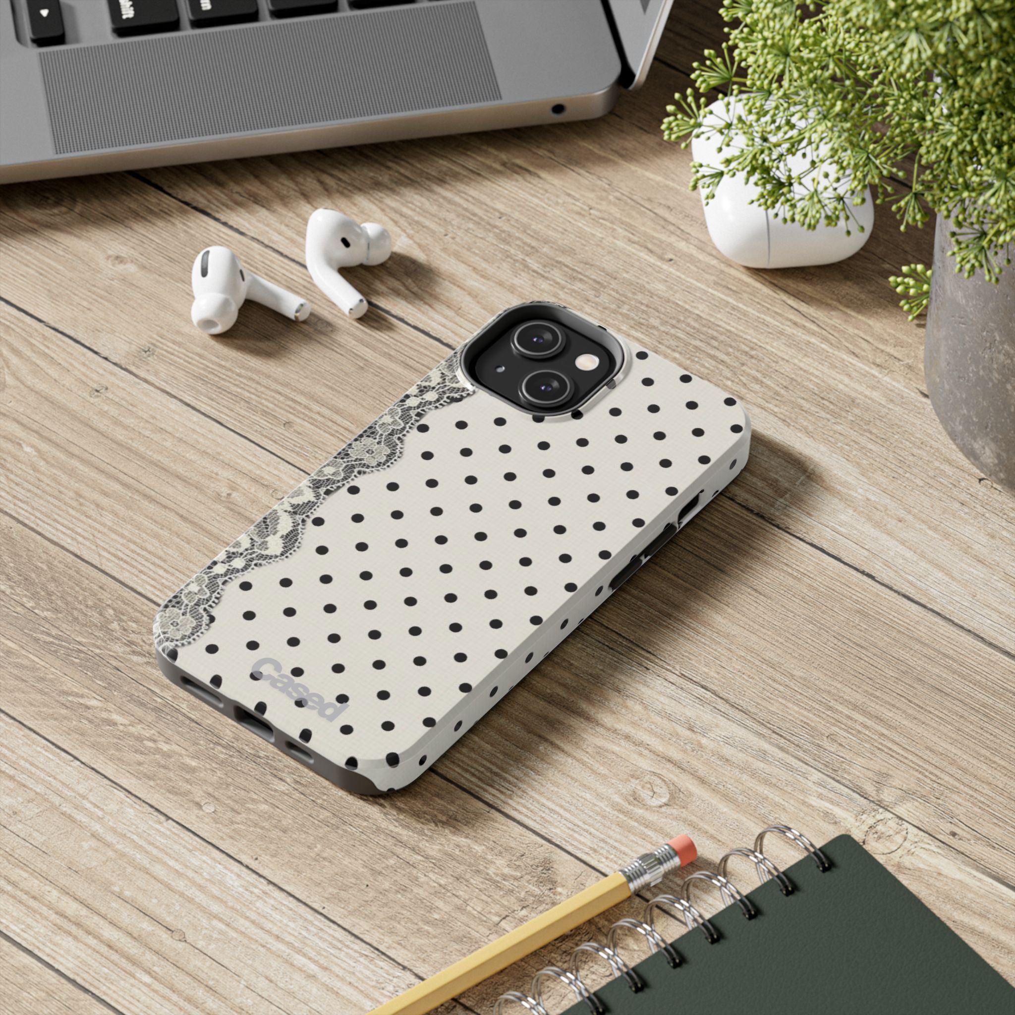 Polka Dot Lace Tough Phone Case – Vintage Black & Ivory Protective Cover
