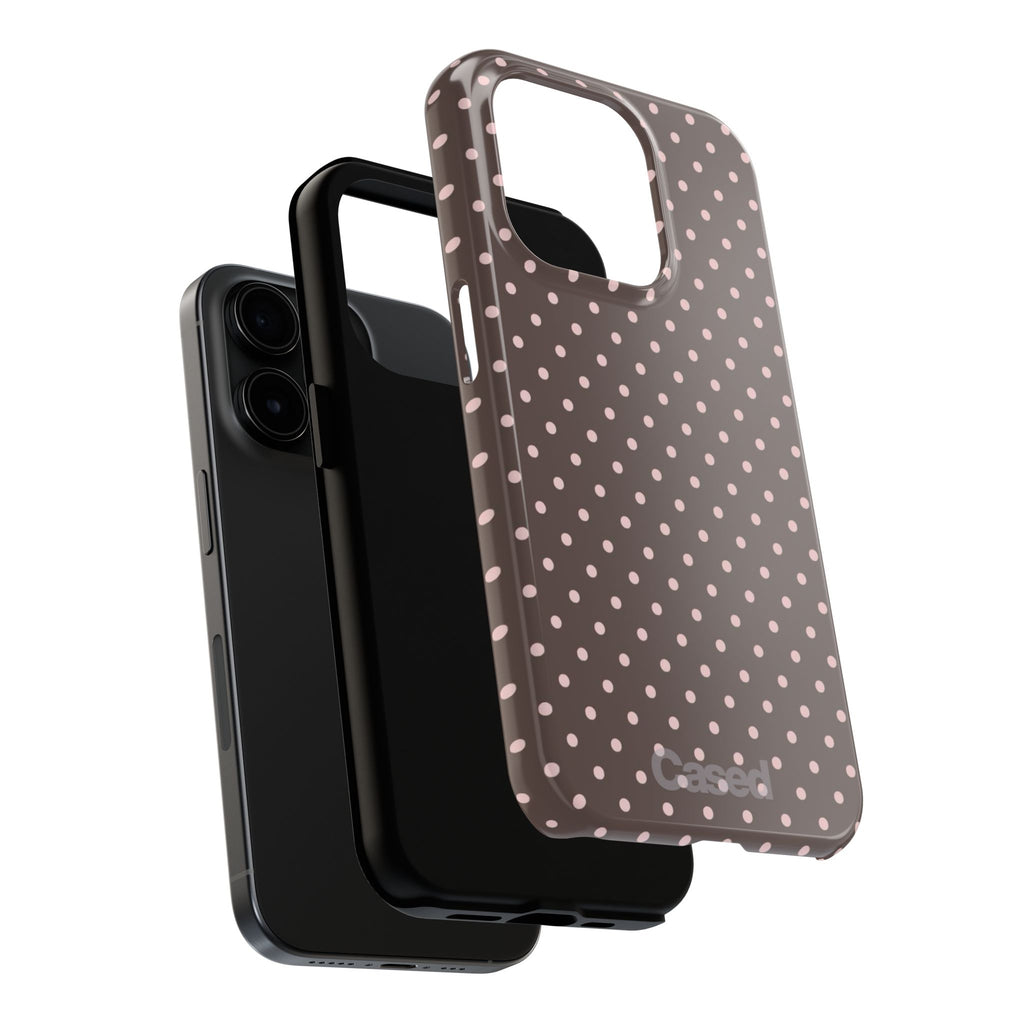 Tough Phone Case — Chocolate Brown with Pale Pink Polka Dots