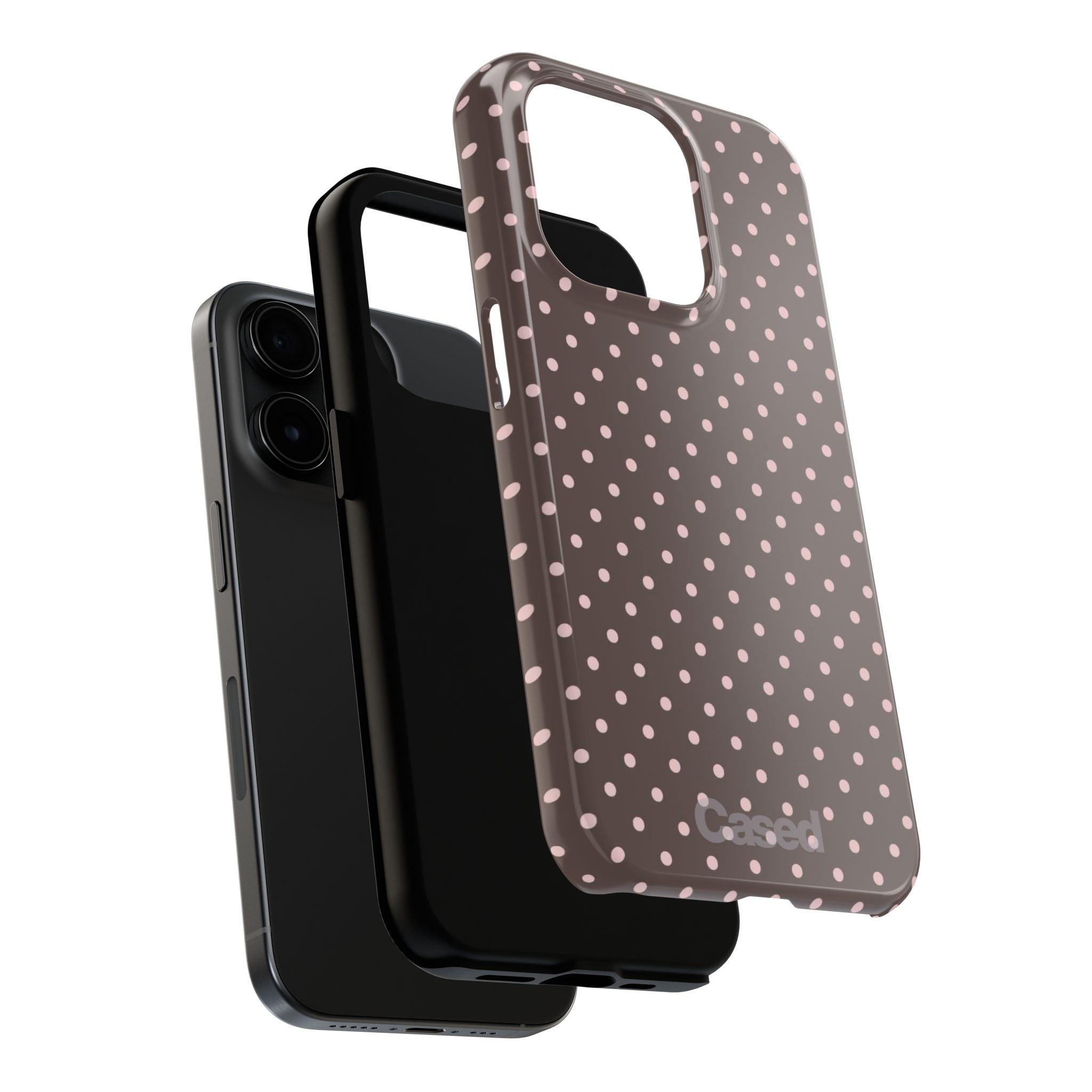 Tough Phone Case — Chocolate Brown with Pale Pink Polka Dots