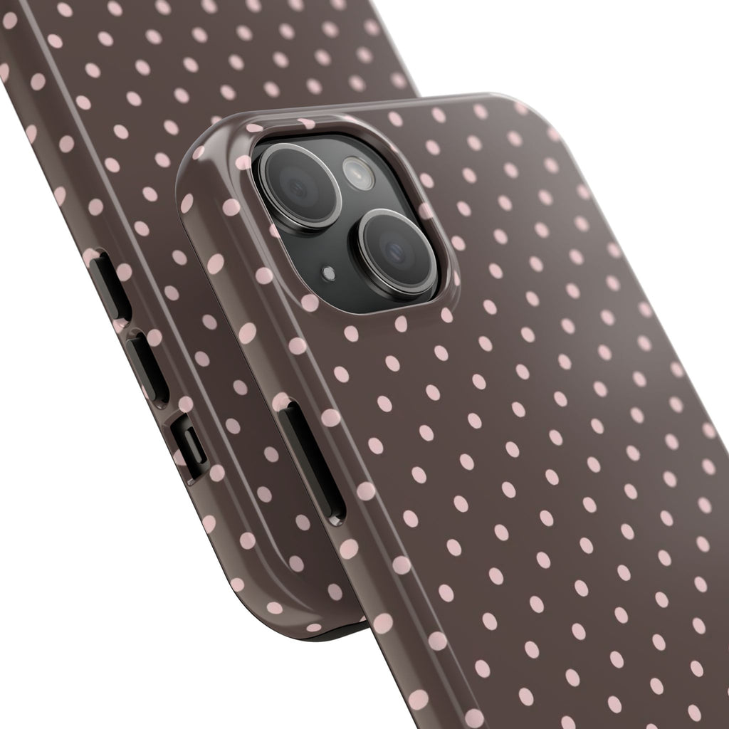 Tough Phone Case — Chocolate Brown with Pale Pink Polka Dots