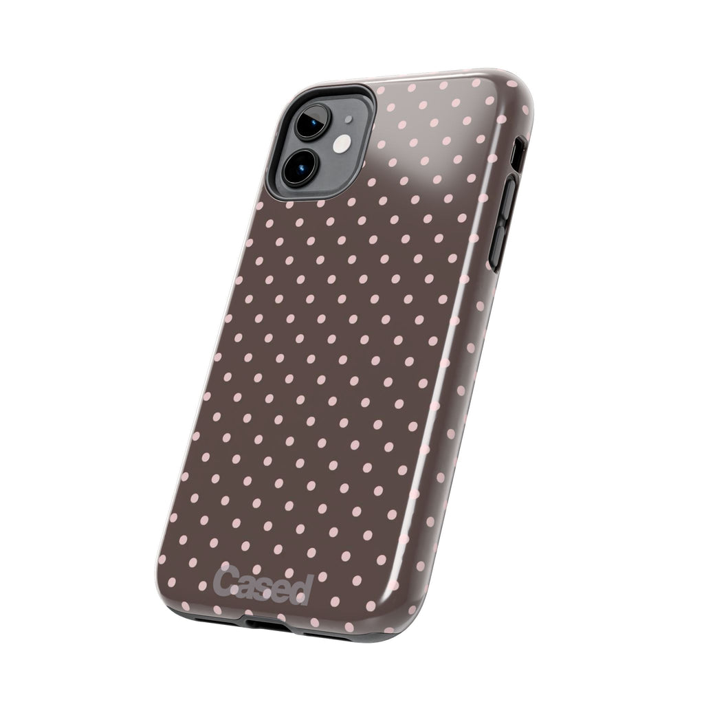 Tough Phone Case — Chocolate Brown with Pale Pink Polka Dots