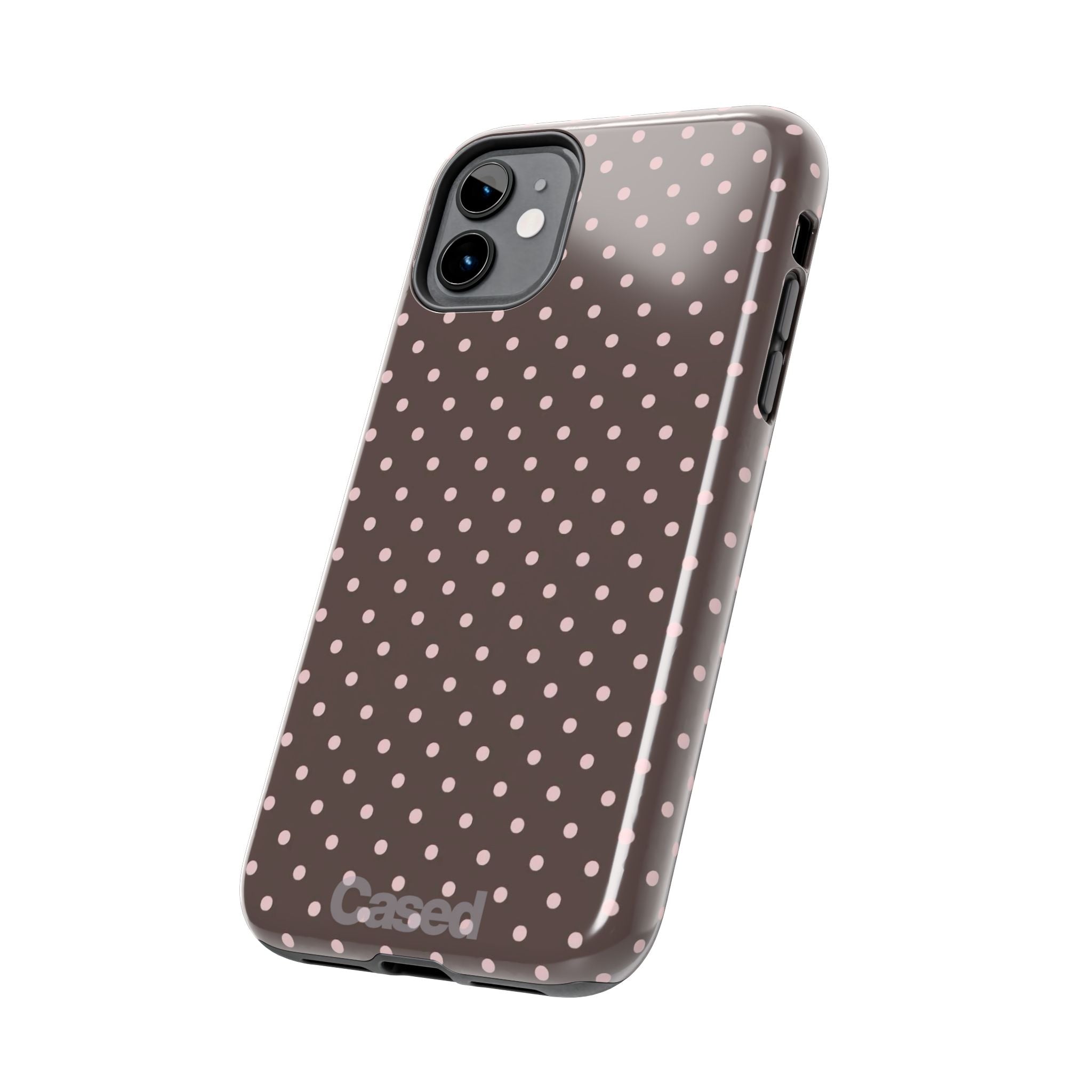 Tough Phone Case — Chocolate Brown with Pale Pink Polka Dots