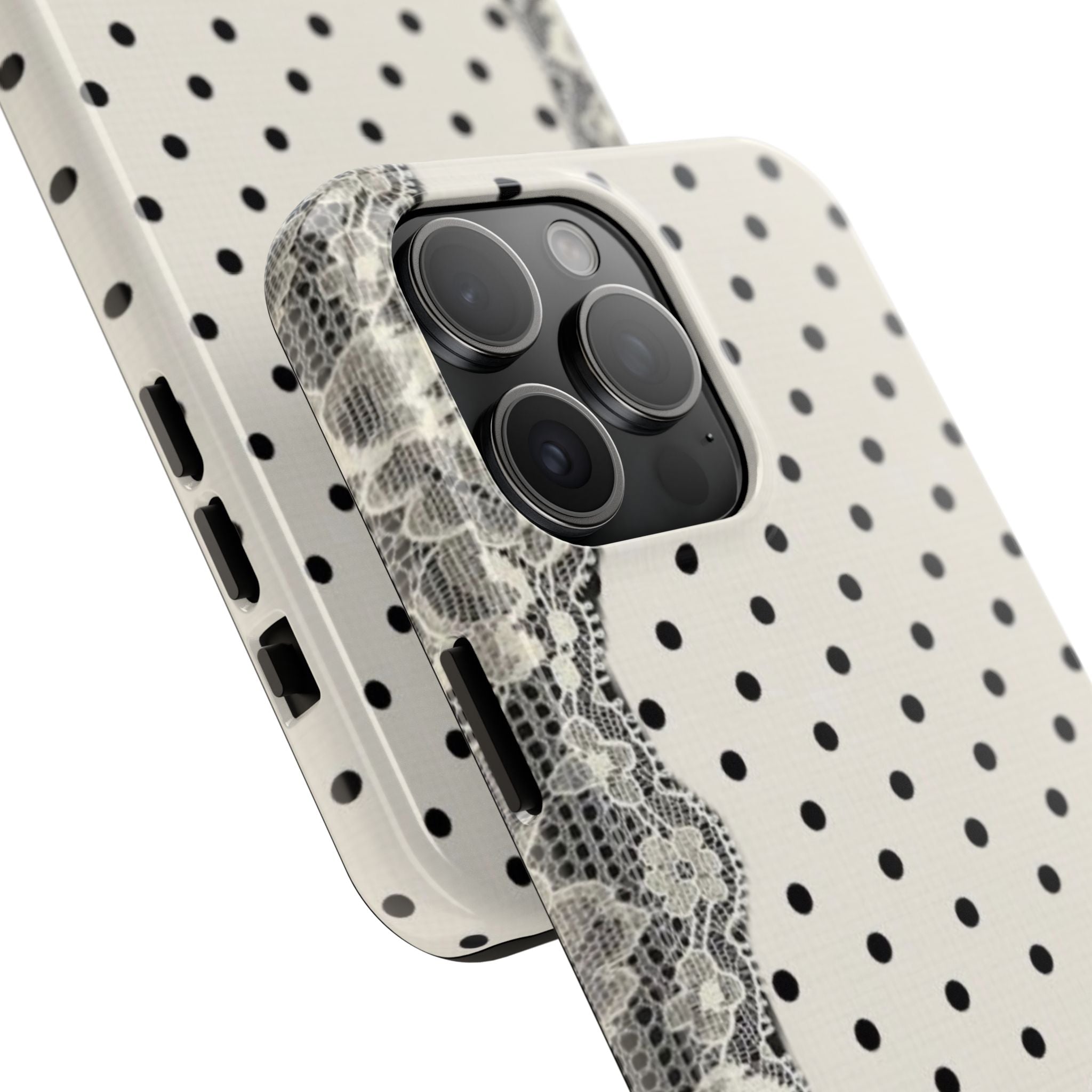 Polka Dot Lace Tough Phone Case – Vintage Black & Ivory Protective Cover
