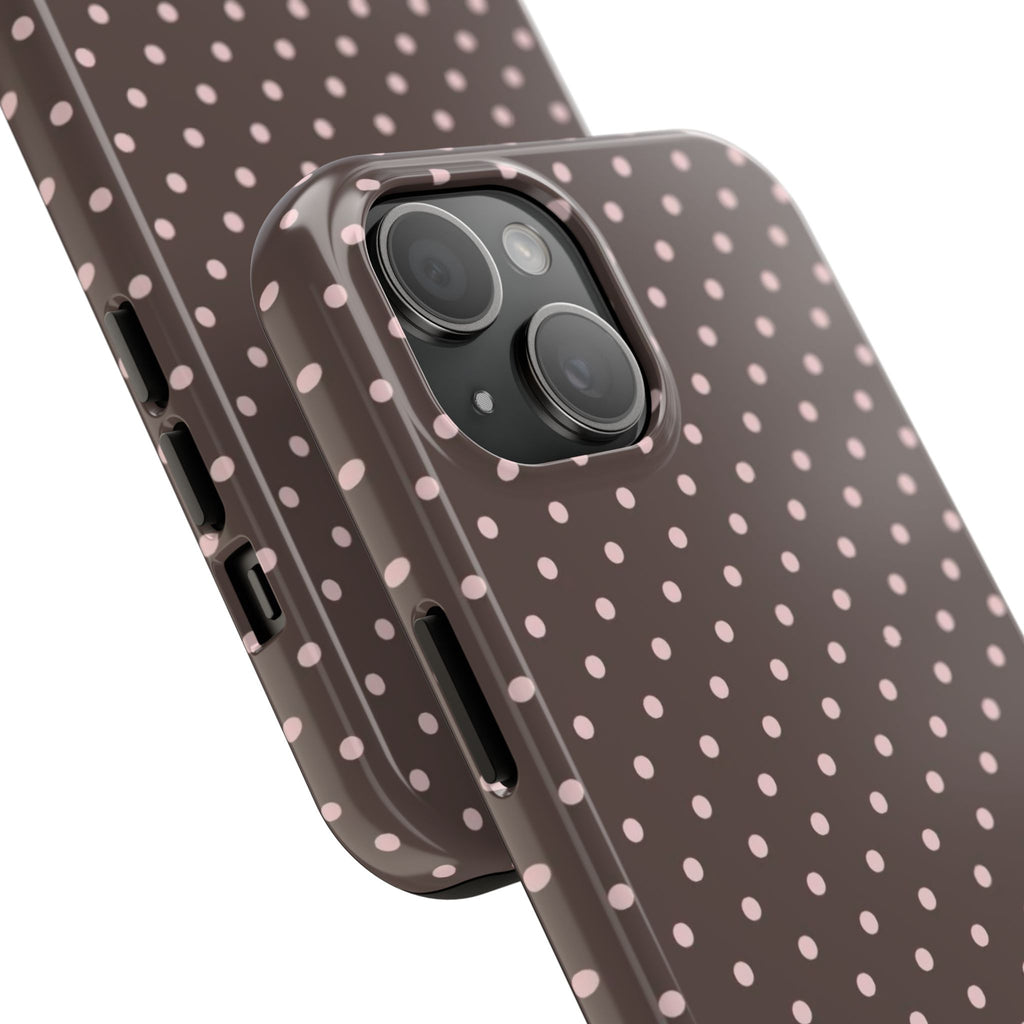 Tough Phone Case — Chocolate Brown with Pale Pink Polka Dots