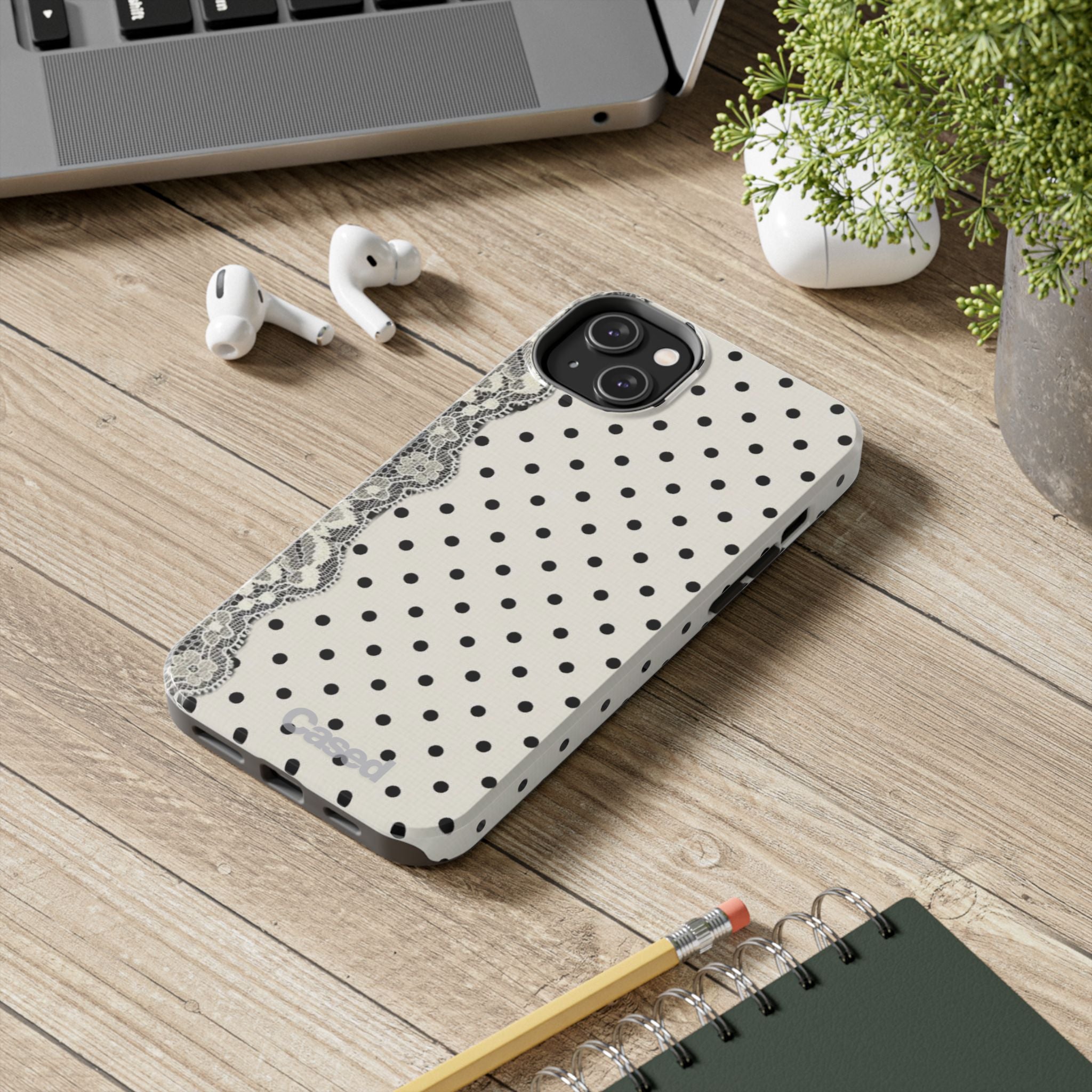 Polka Dot Lace Tough Phone Case – Vintage Black & Ivory Protective Cover