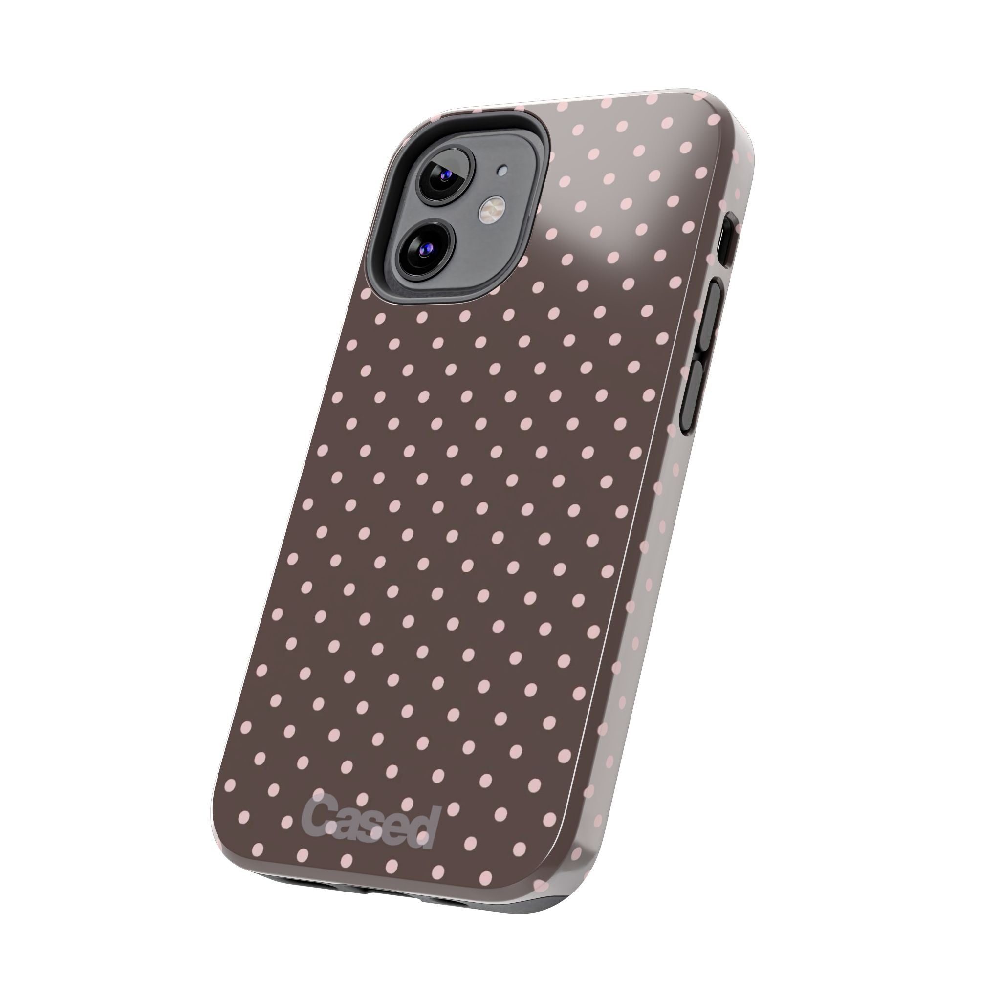 Tough Phone Case — Chocolate Brown with Pale Pink Polka Dots