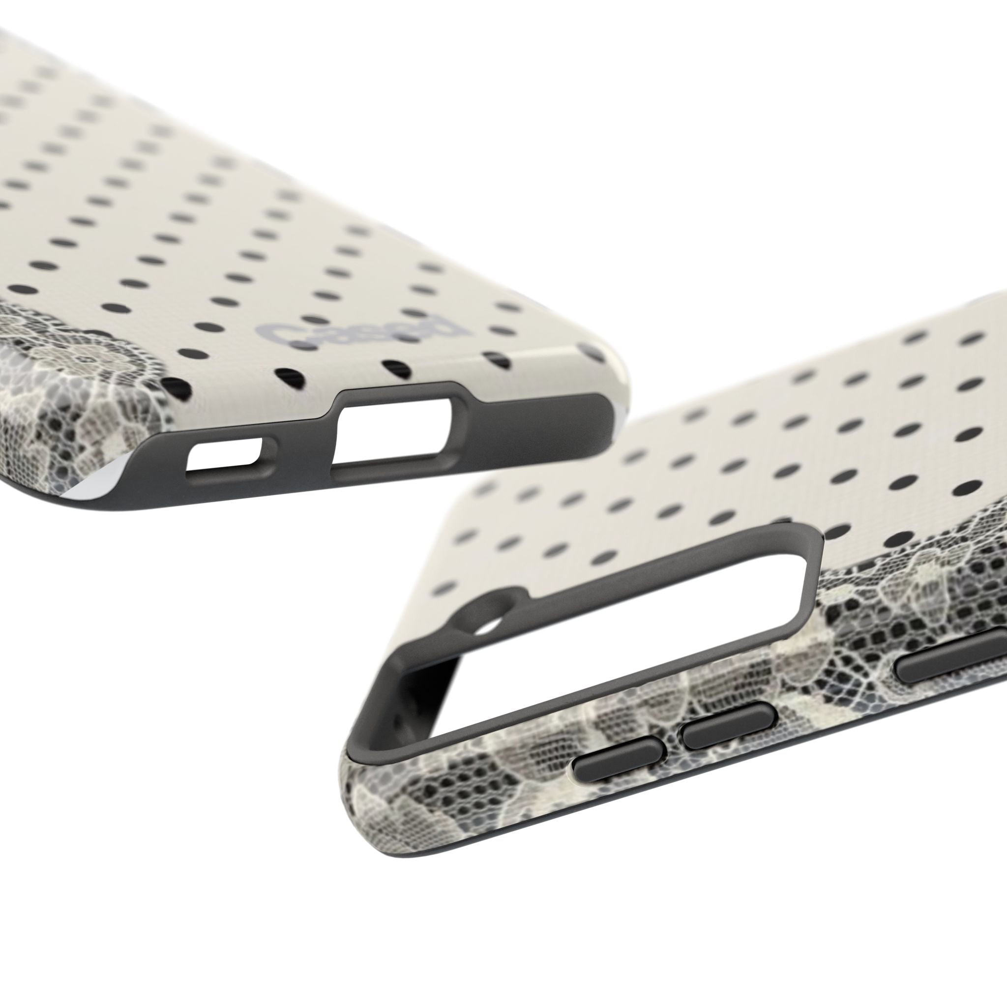 Polka Dot Lace Tough Phone Case – Vintage Black & Ivory Protective Cover