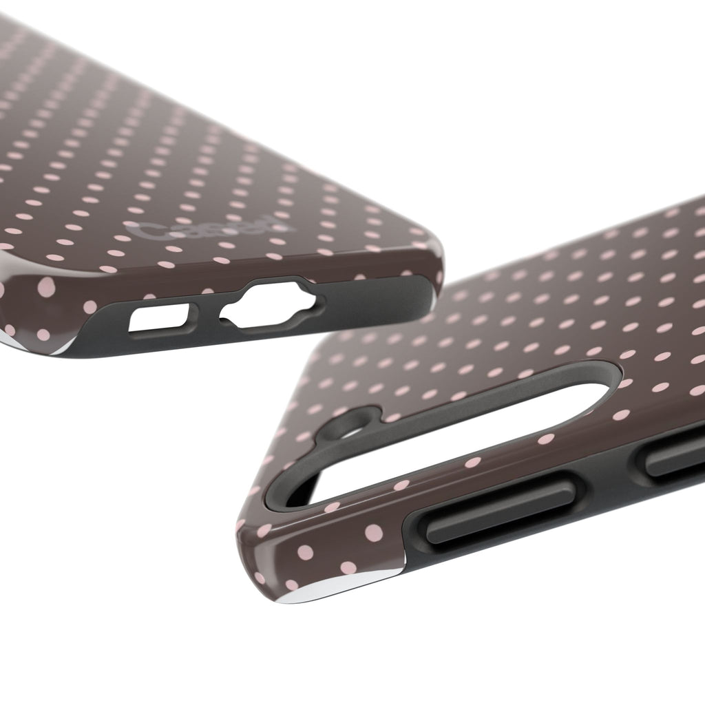 Tough Phone Case — Chocolate Brown with Pale Pink Polka Dots