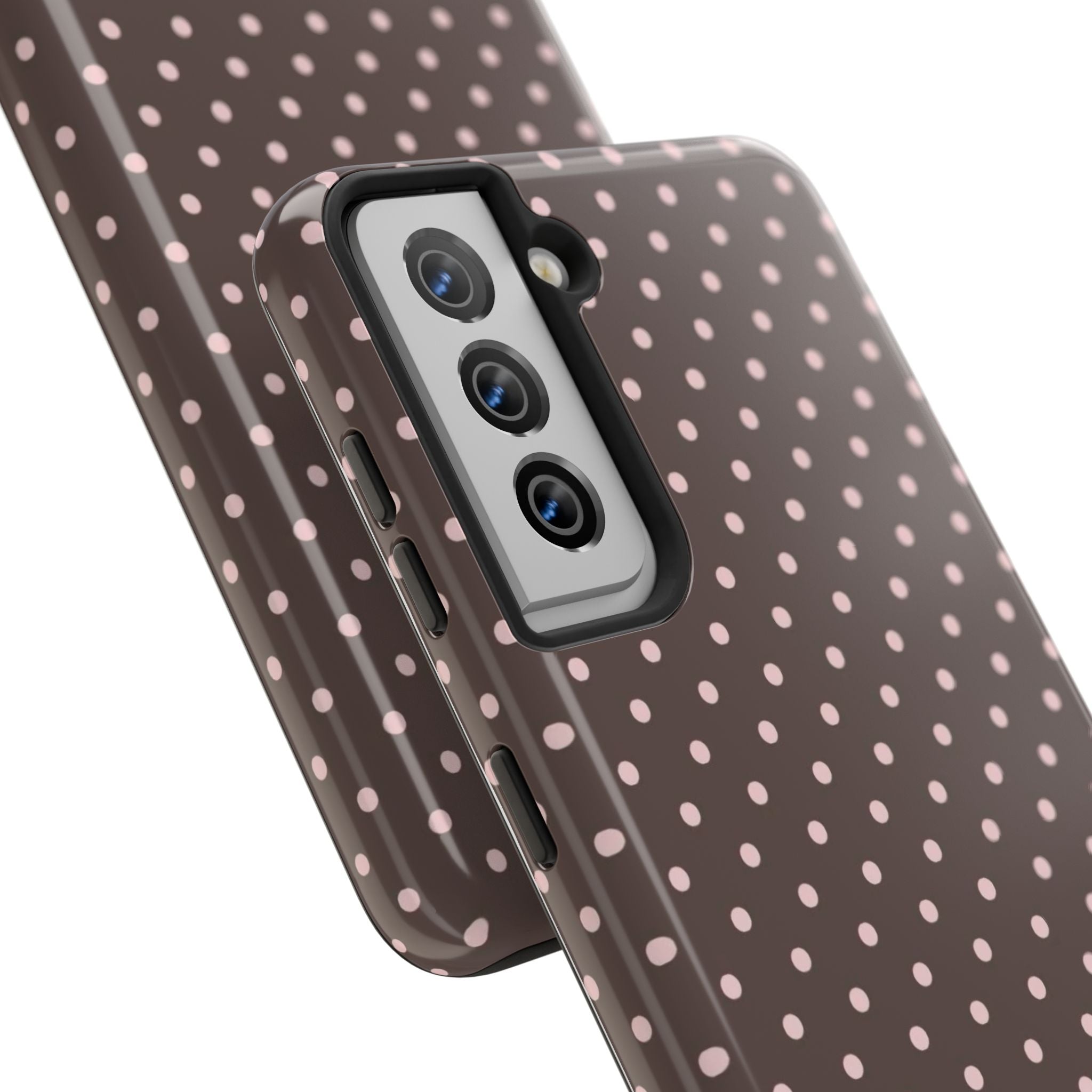 Tough Phone Case — Chocolate Brown with Pale Pink Polka Dots