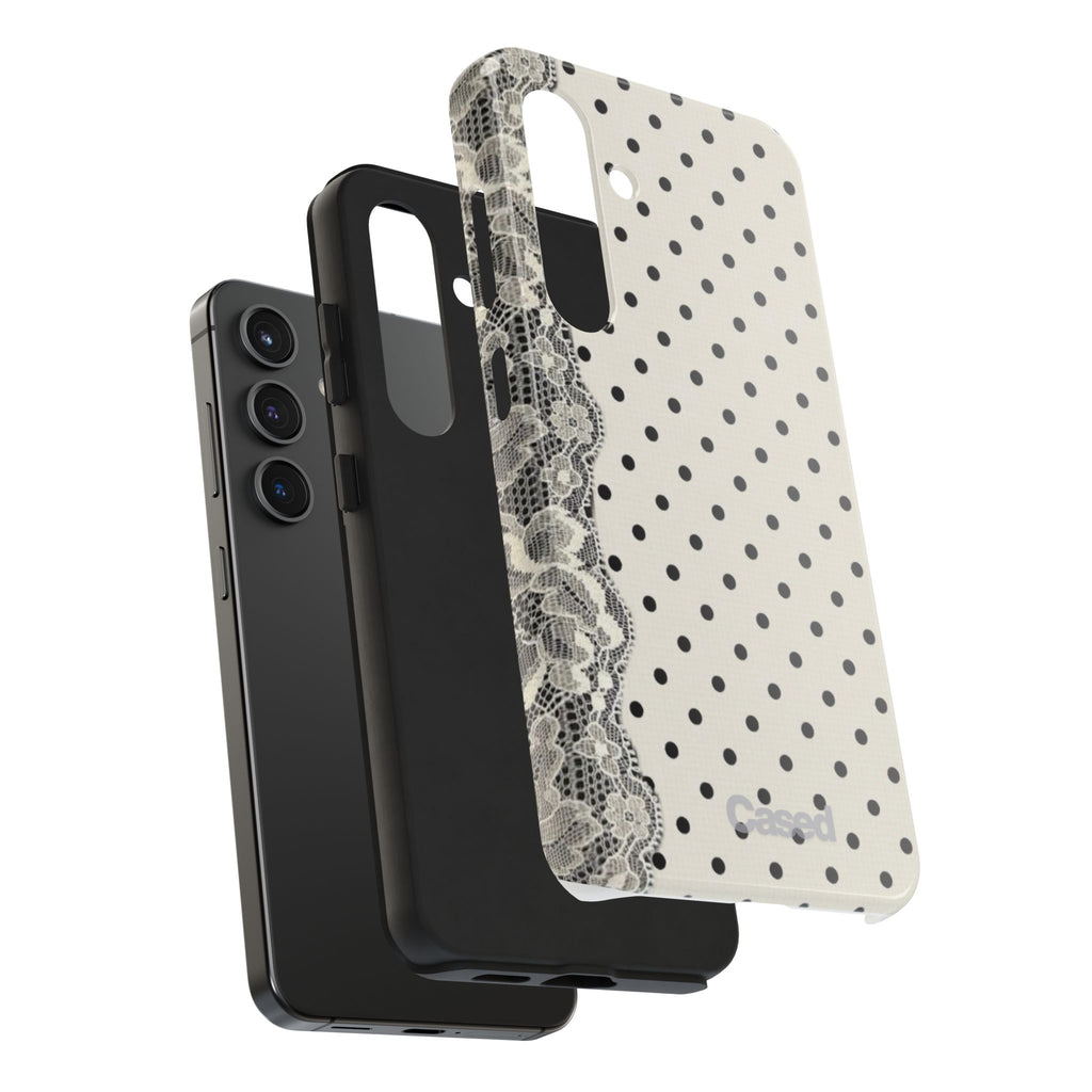 Polka Dot Lace Tough Phone Case – Vintage Black & Ivory Protective Cover