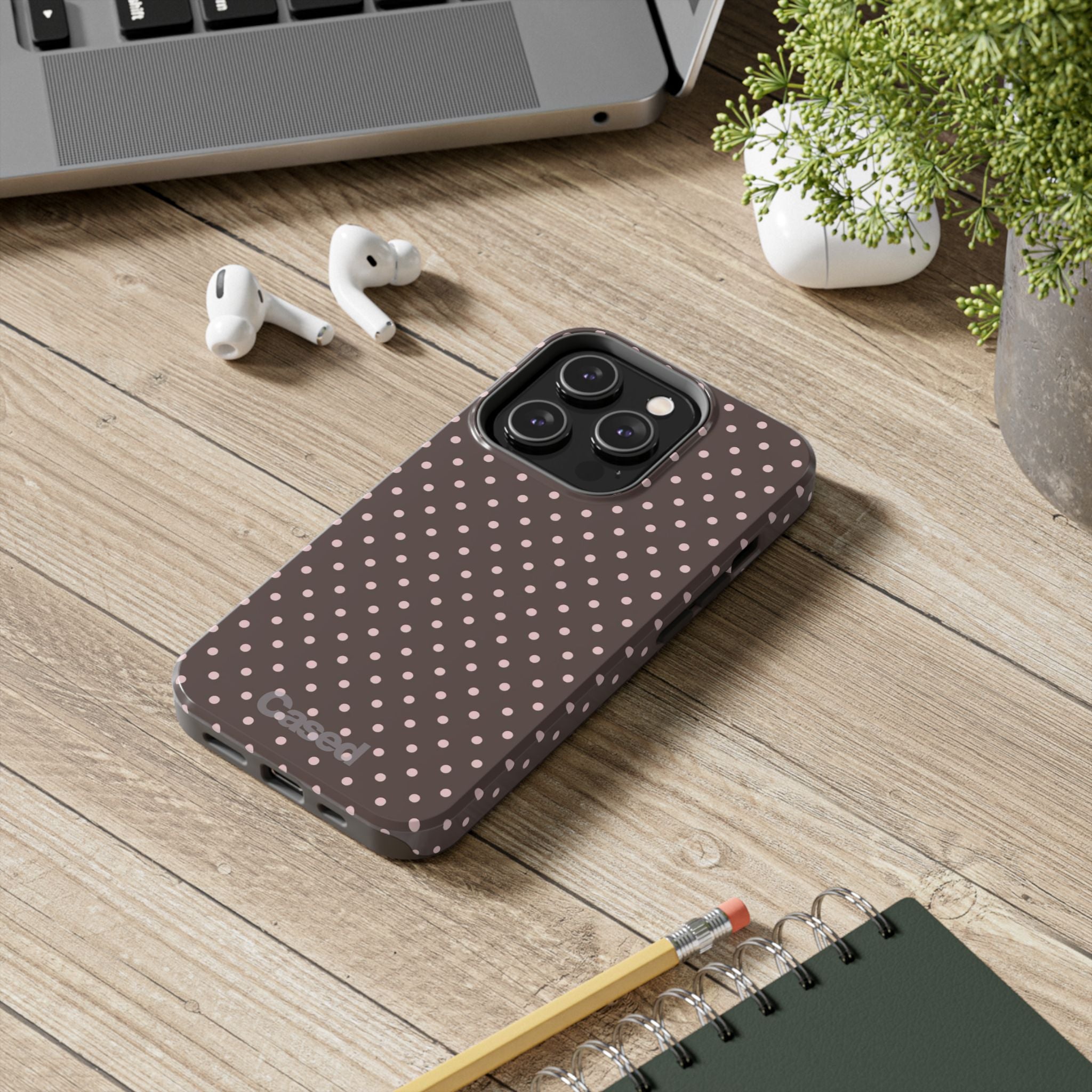 Tough Phone Case — Chocolate Brown with Pale Pink Polka Dots