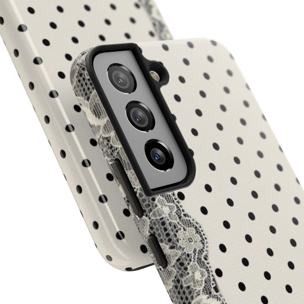 Polka Dot Lace Tough Phone Case – Vintage Black & Ivory Protective Cover