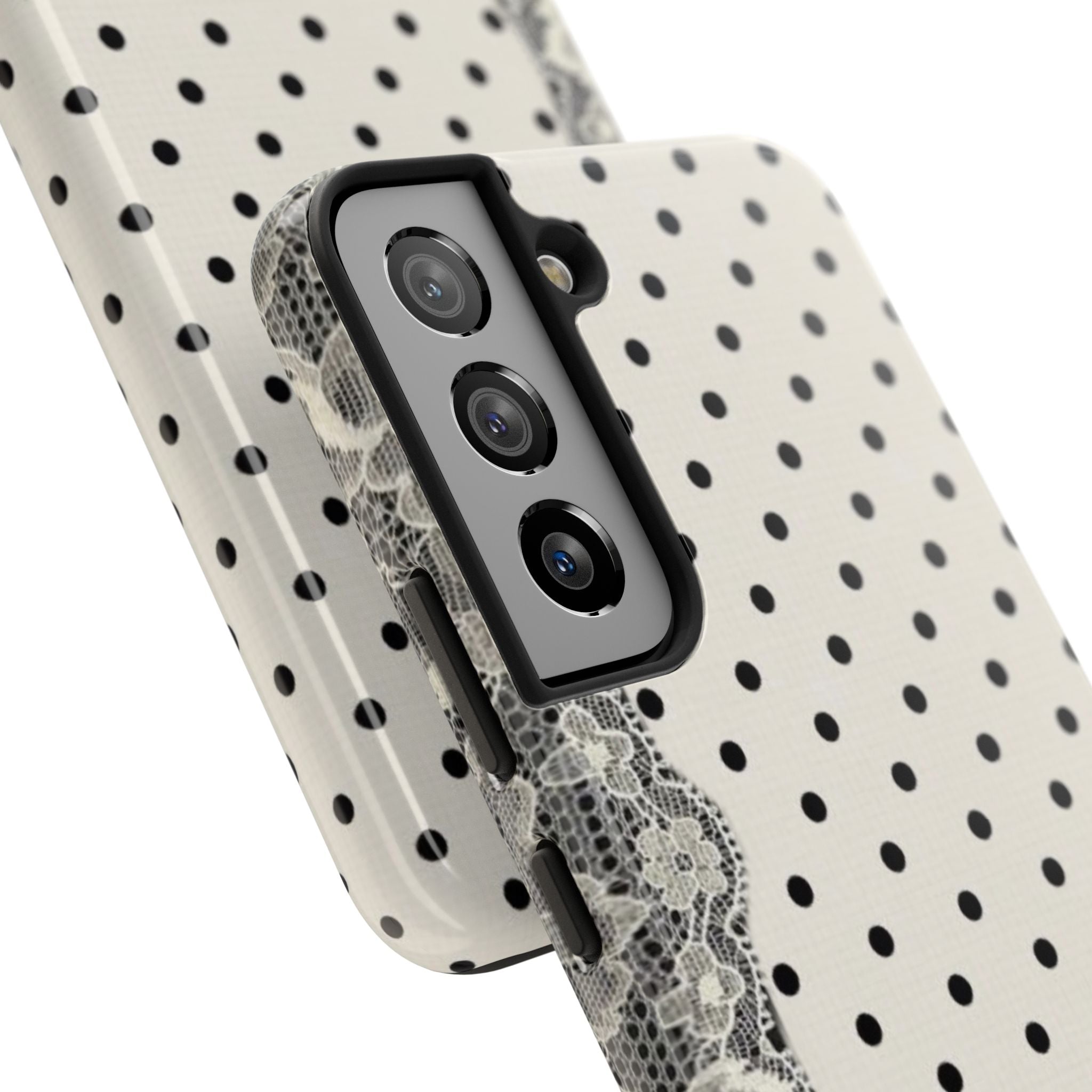 Polka Dot Lace Tough Phone Case – Vintage Black & Ivory Protective Cover