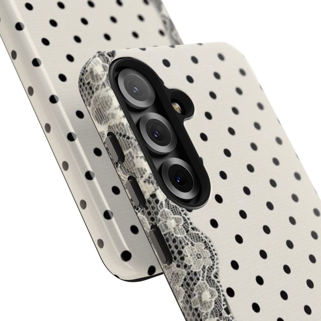Polka Dot Lace Tough Phone Case – Vintage Black & Ivory Protective Cover