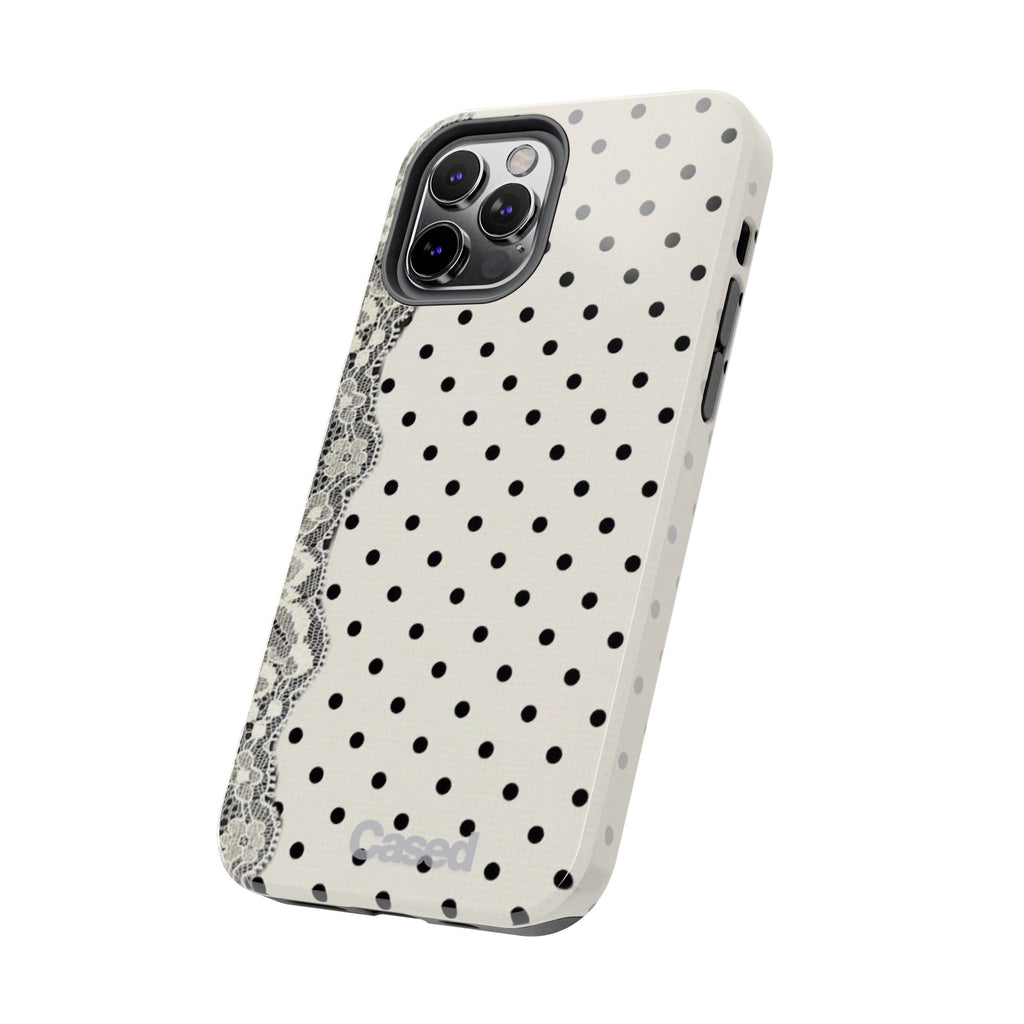 Polka Dot Lace Tough Phone Case – Vintage Black & Ivory Protective Cover