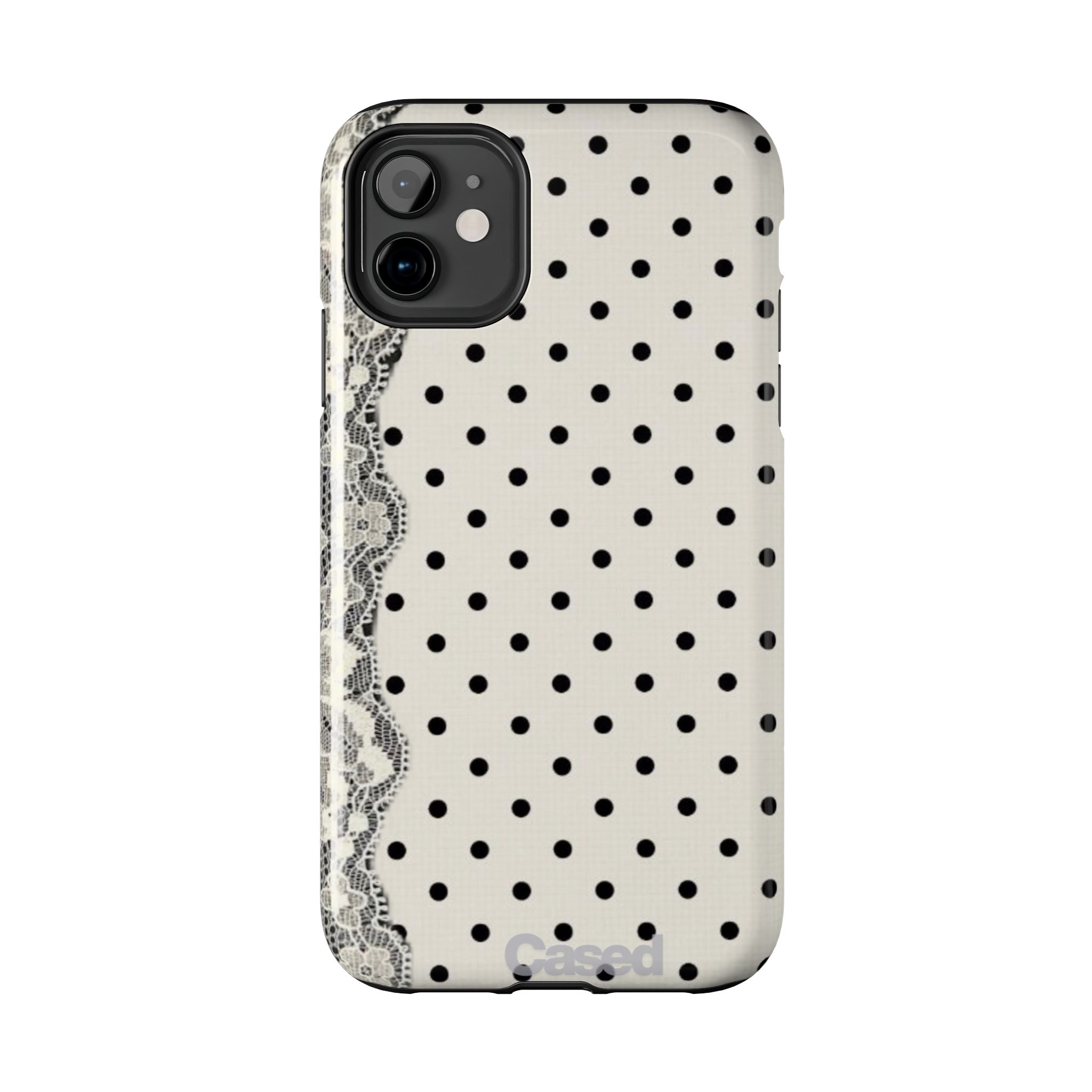 Polka Dot Lace Tough Phone Case – Vintage Black & Ivory Protective Cover