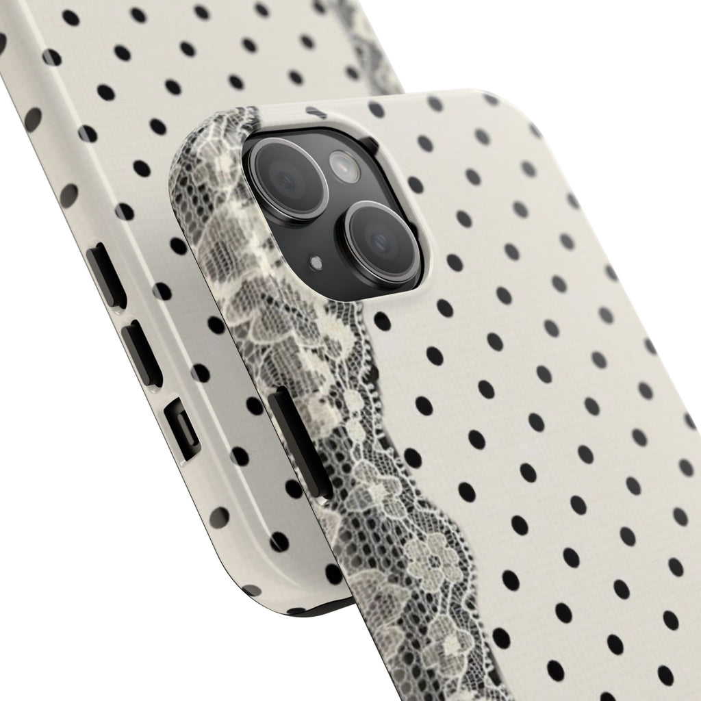 Polka Dot Lace Tough Phone Case – Vintage Black & Ivory Protective Cover