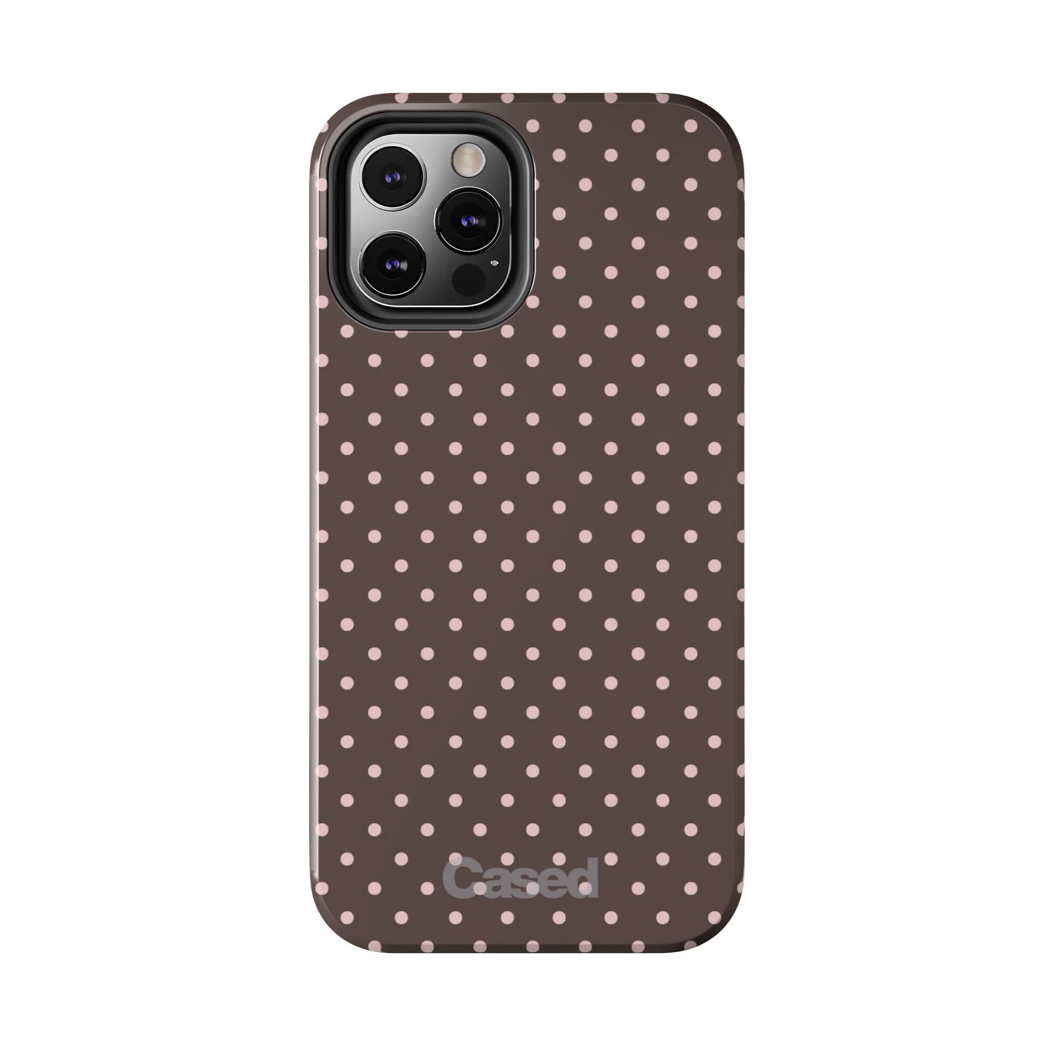 Tough Phone Case — Chocolate Brown with Pale Pink Polka Dots