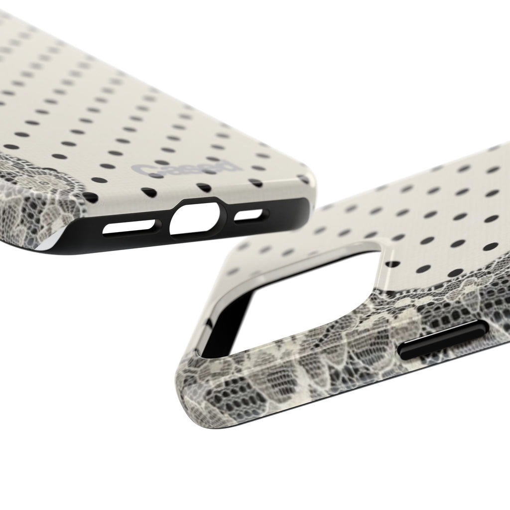 Polka Dot Lace Tough Phone Case – Vintage Black & Ivory Protective Cover