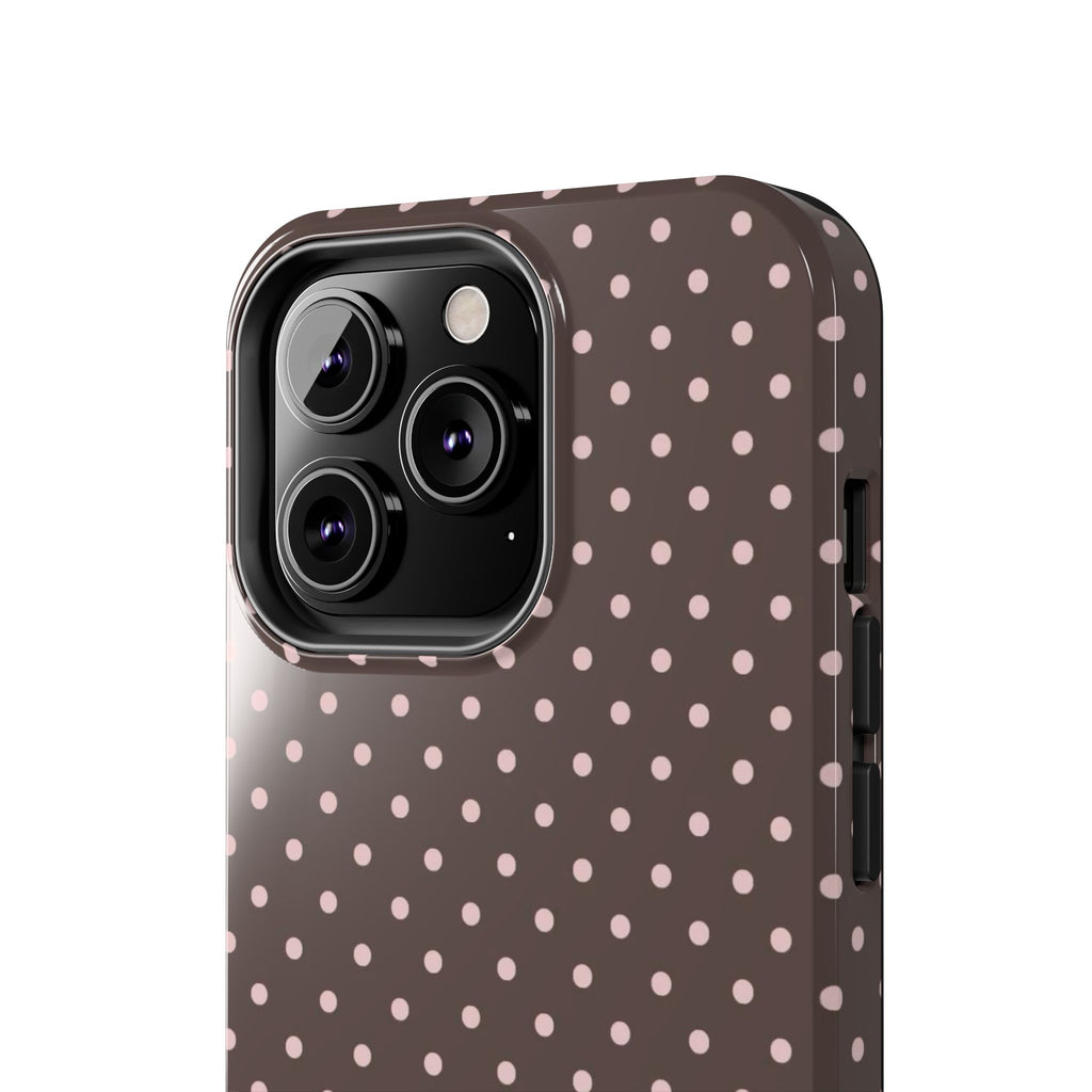 Tough Phone Case — Chocolate Brown with Pale Pink Polka Dots