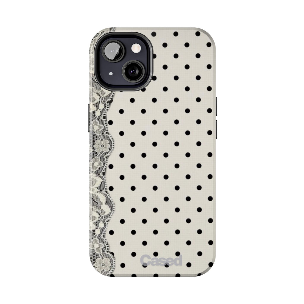 Polka Dot Lace Tough Phone Case – Vintage Black & Ivory Protective Cover
