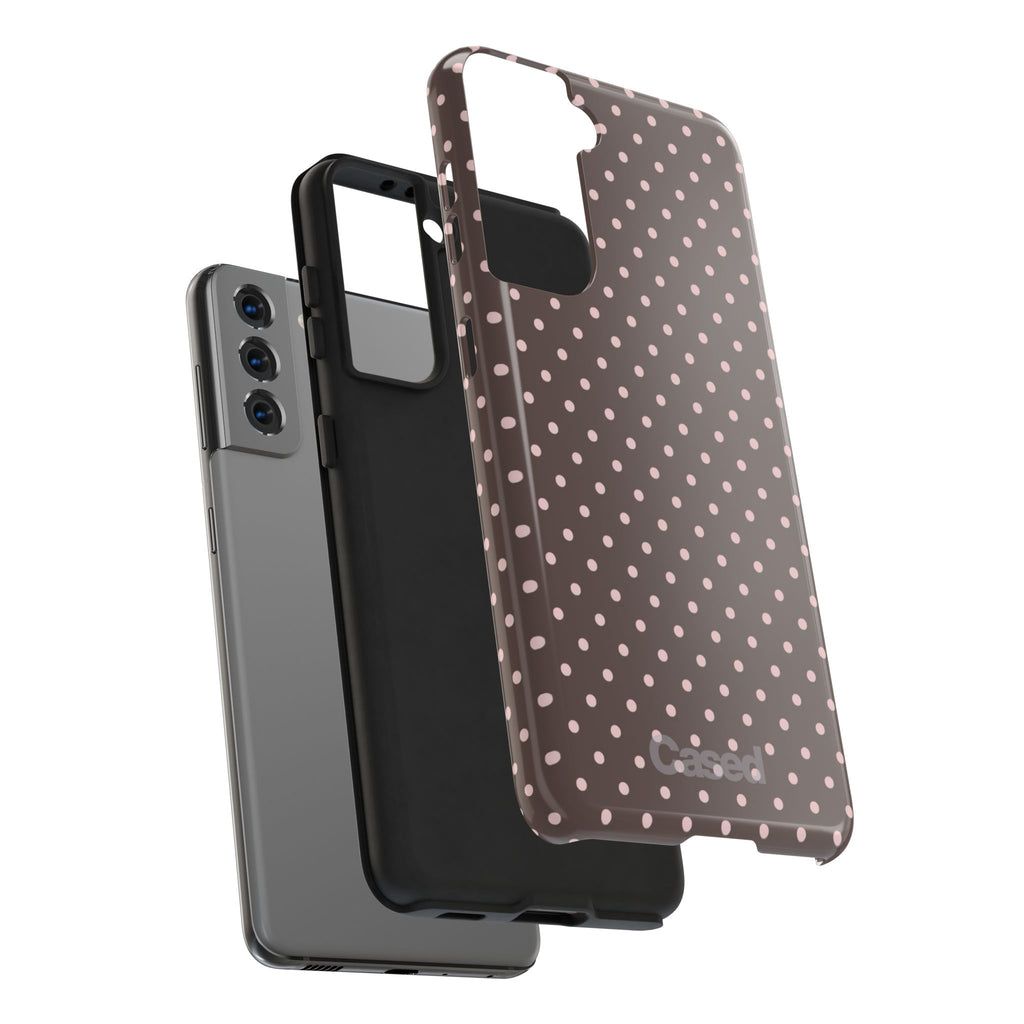Tough Phone Case — Chocolate Brown with Pale Pink Polka Dots