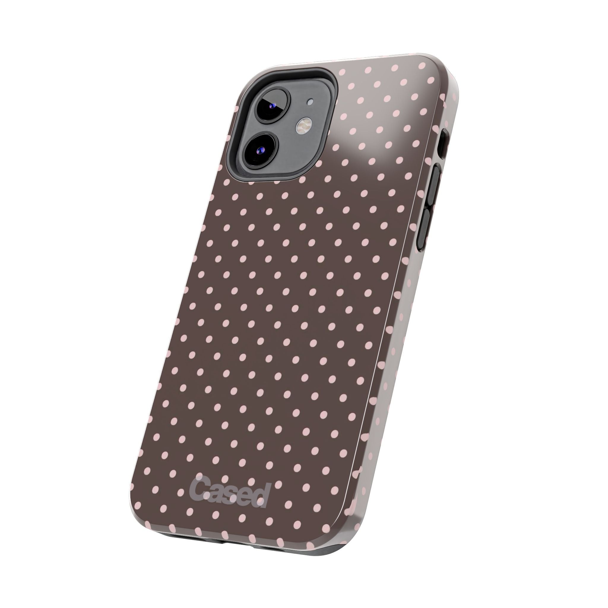 Tough Phone Case — Chocolate Brown with Pale Pink Polka Dots