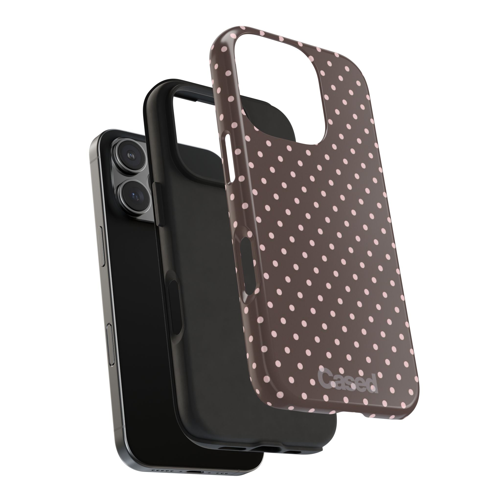 Tough Phone Case — Chocolate Brown with Pale Pink Polka Dots