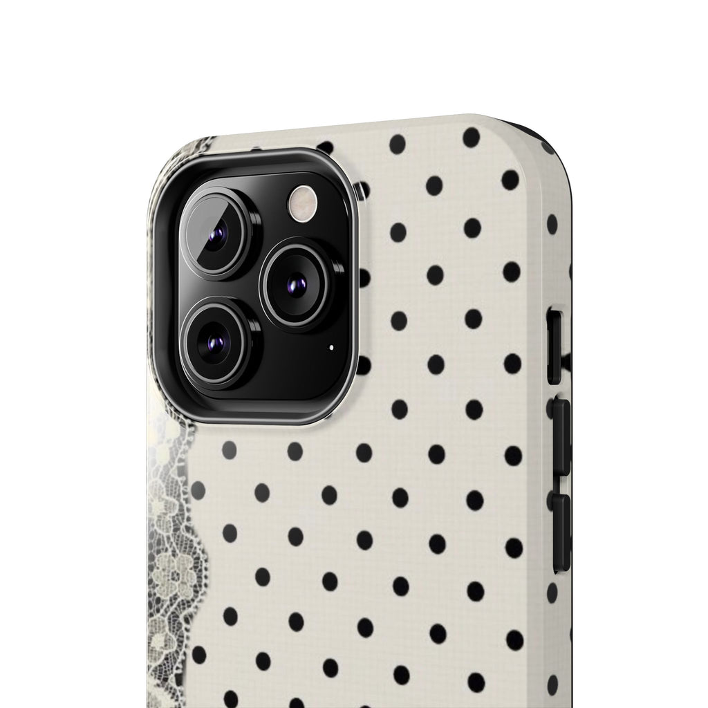 Polka Dot Lace Tough Phone Case – Vintage Black & Ivory Protective Cover