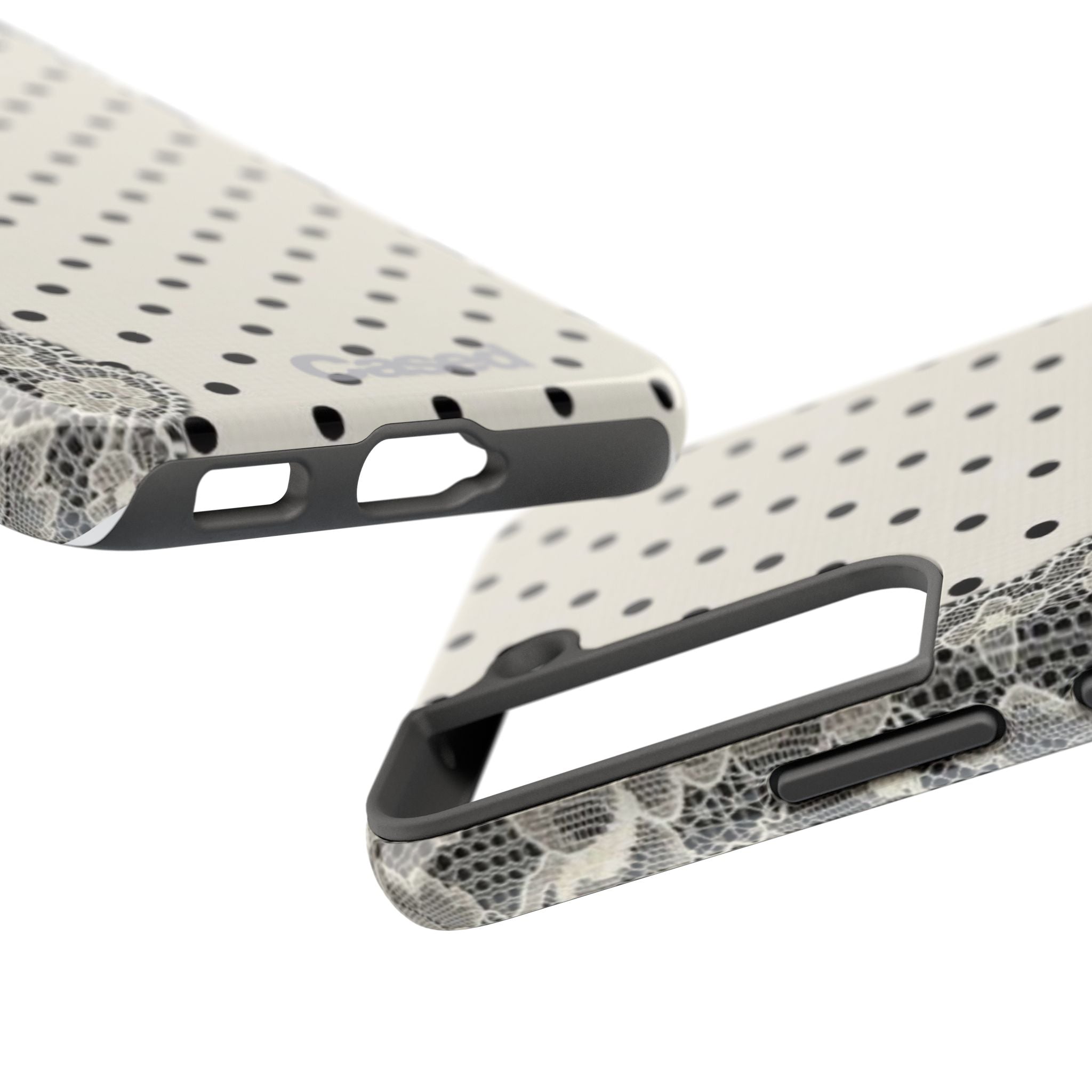 Polka Dot Lace Tough Phone Case – Vintage Black & Ivory Protective Cover