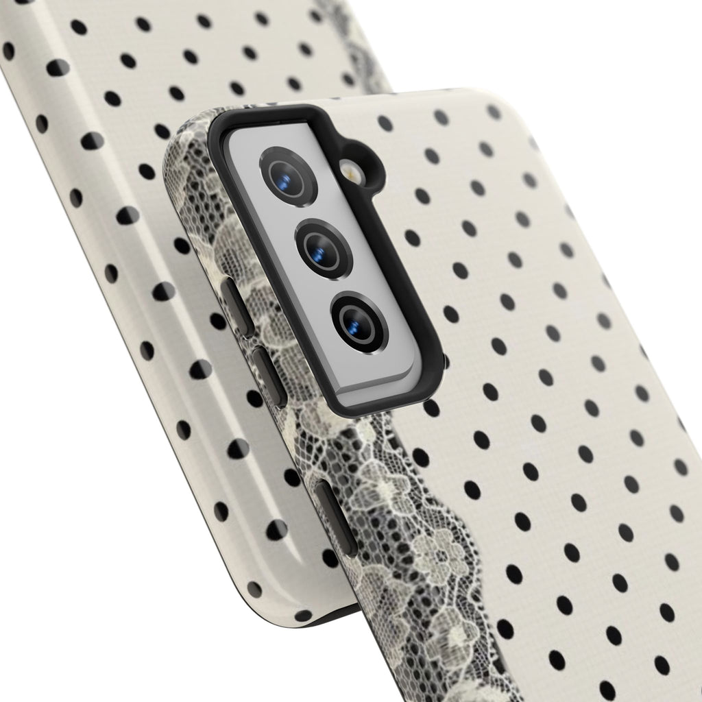 Polka Dot Lace Tough Phone Case – Vintage Black & Ivory Protective Cover