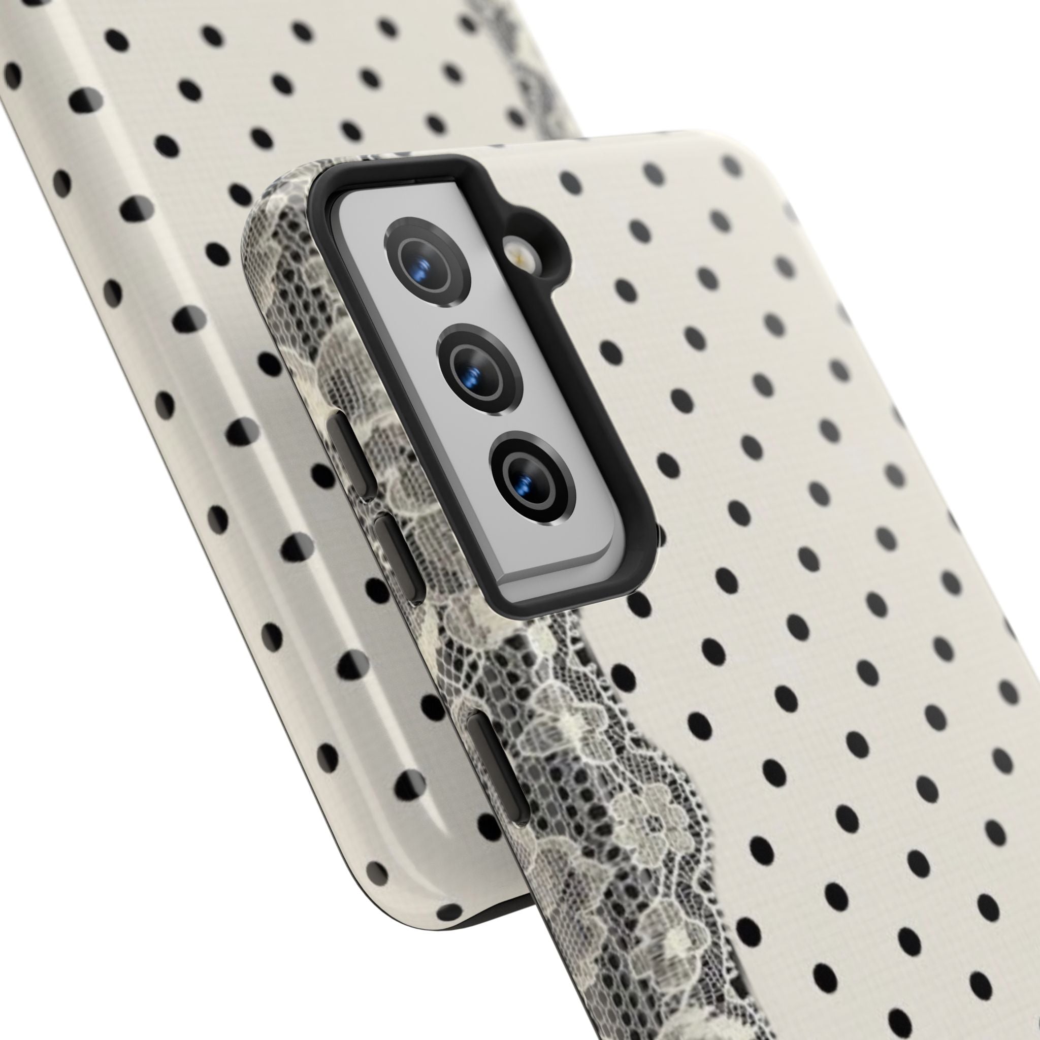 Polka Dot Lace Tough Phone Case – Vintage Black & Ivory Protective Cover