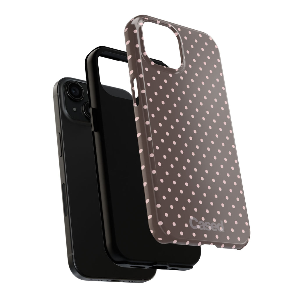Tough Phone Case — Chocolate Brown with Pale Pink Polka Dots