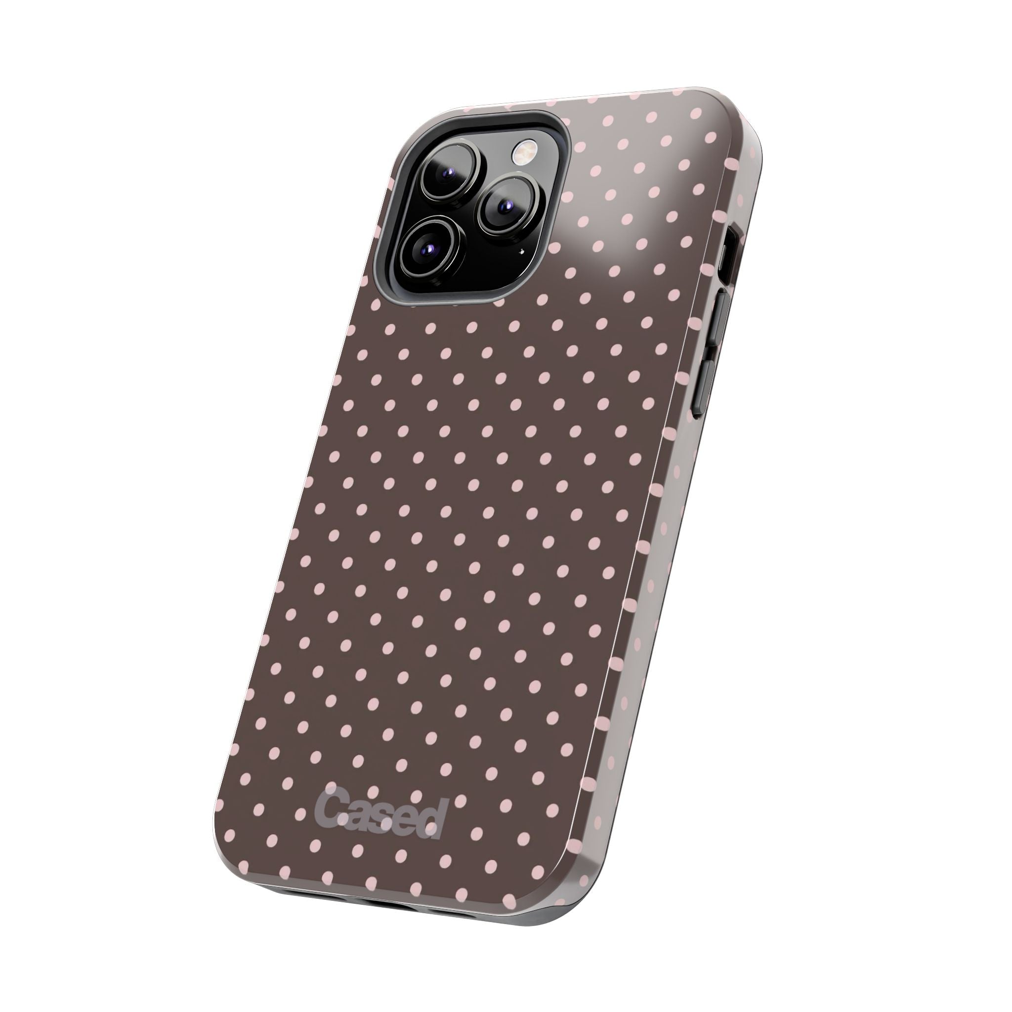 Tough Phone Case — Chocolate Brown with Pale Pink Polka Dots
