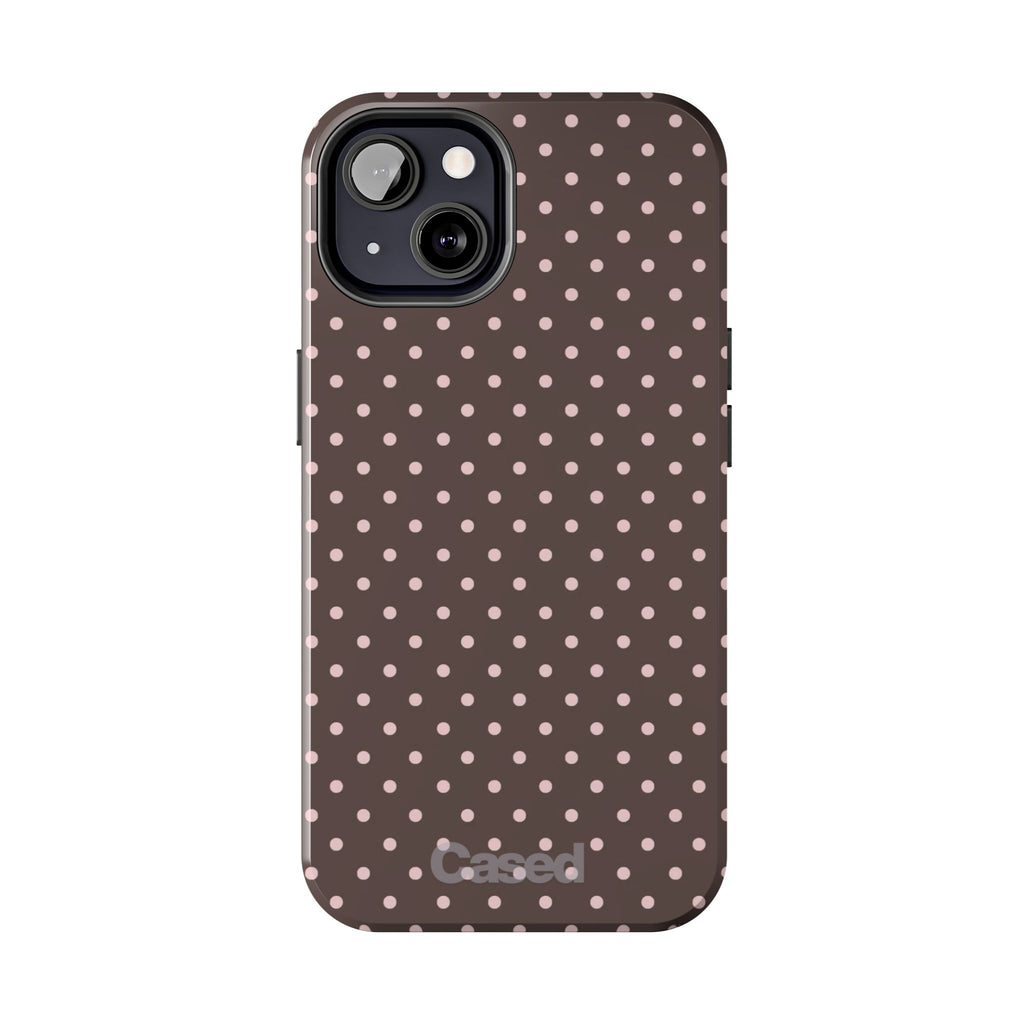 Tough Phone Case — Chocolate Brown with Pale Pink Polka Dots