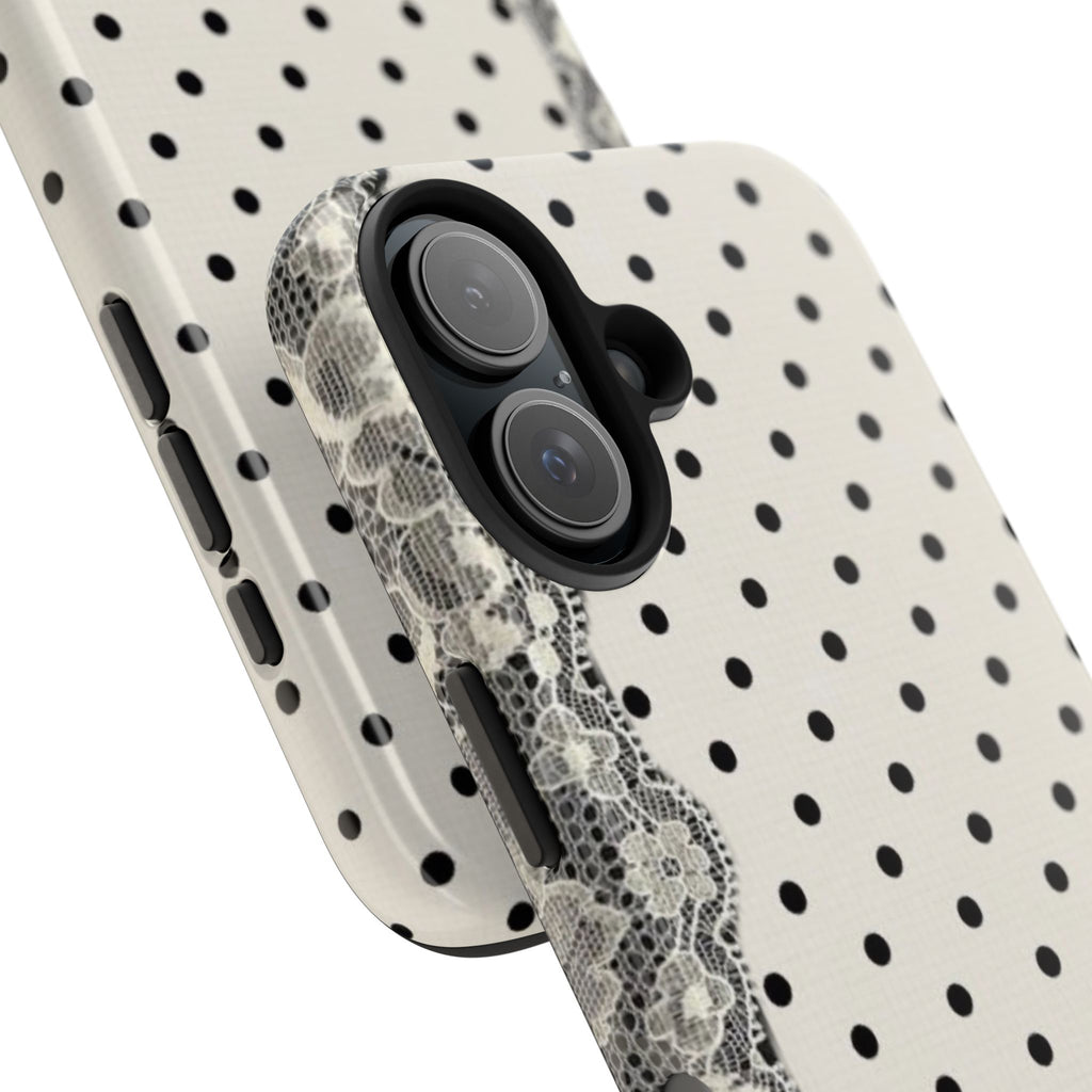 Polka Dot Lace Tough Phone Case – Vintage Black & Ivory Protective Cover