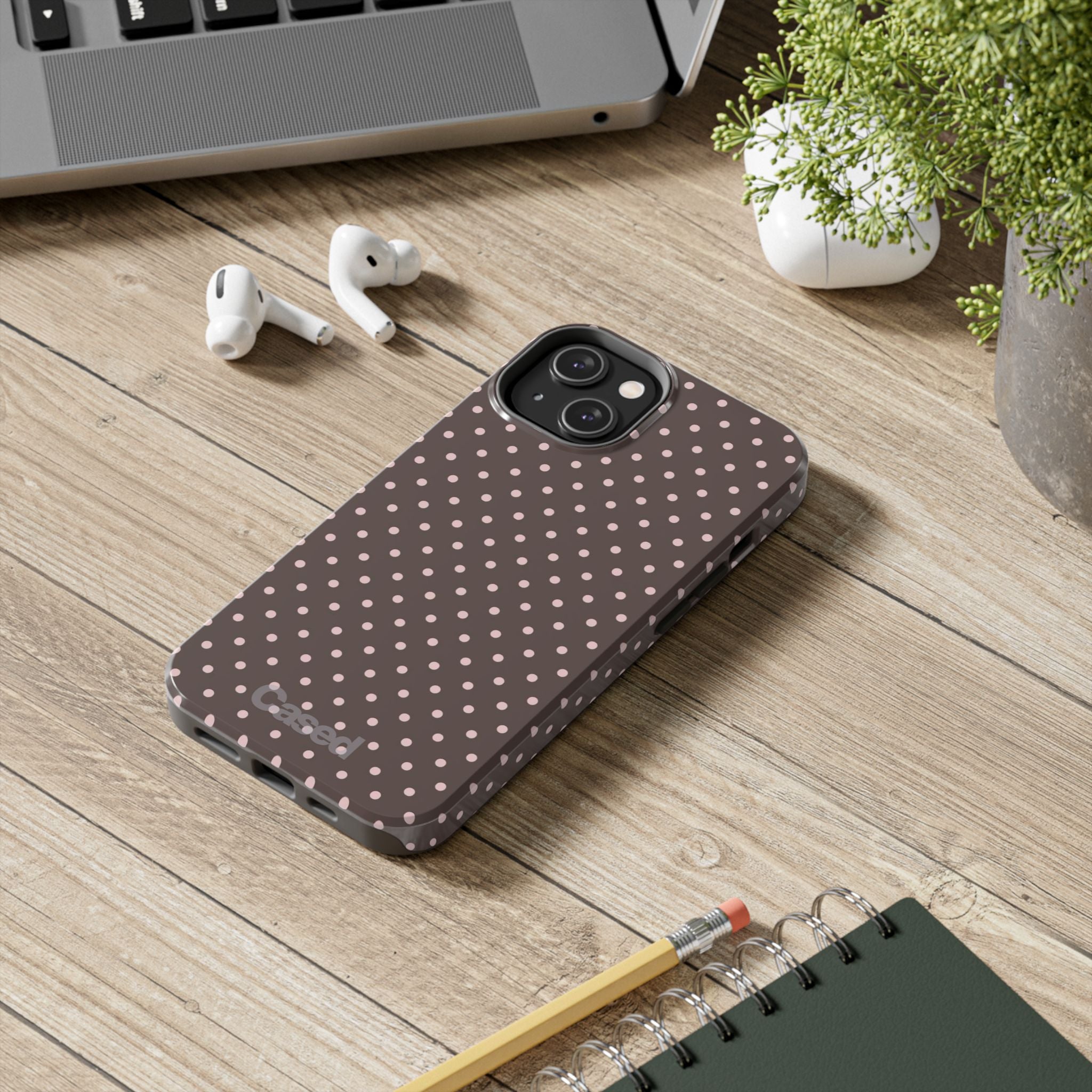 Tough Phone Case — Chocolate Brown with Pale Pink Polka Dots