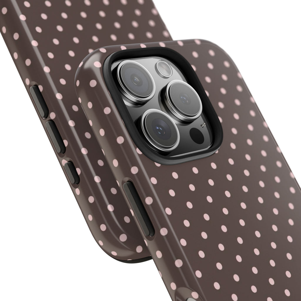 Tough Phone Case — Chocolate Brown with Pale Pink Polka Dots