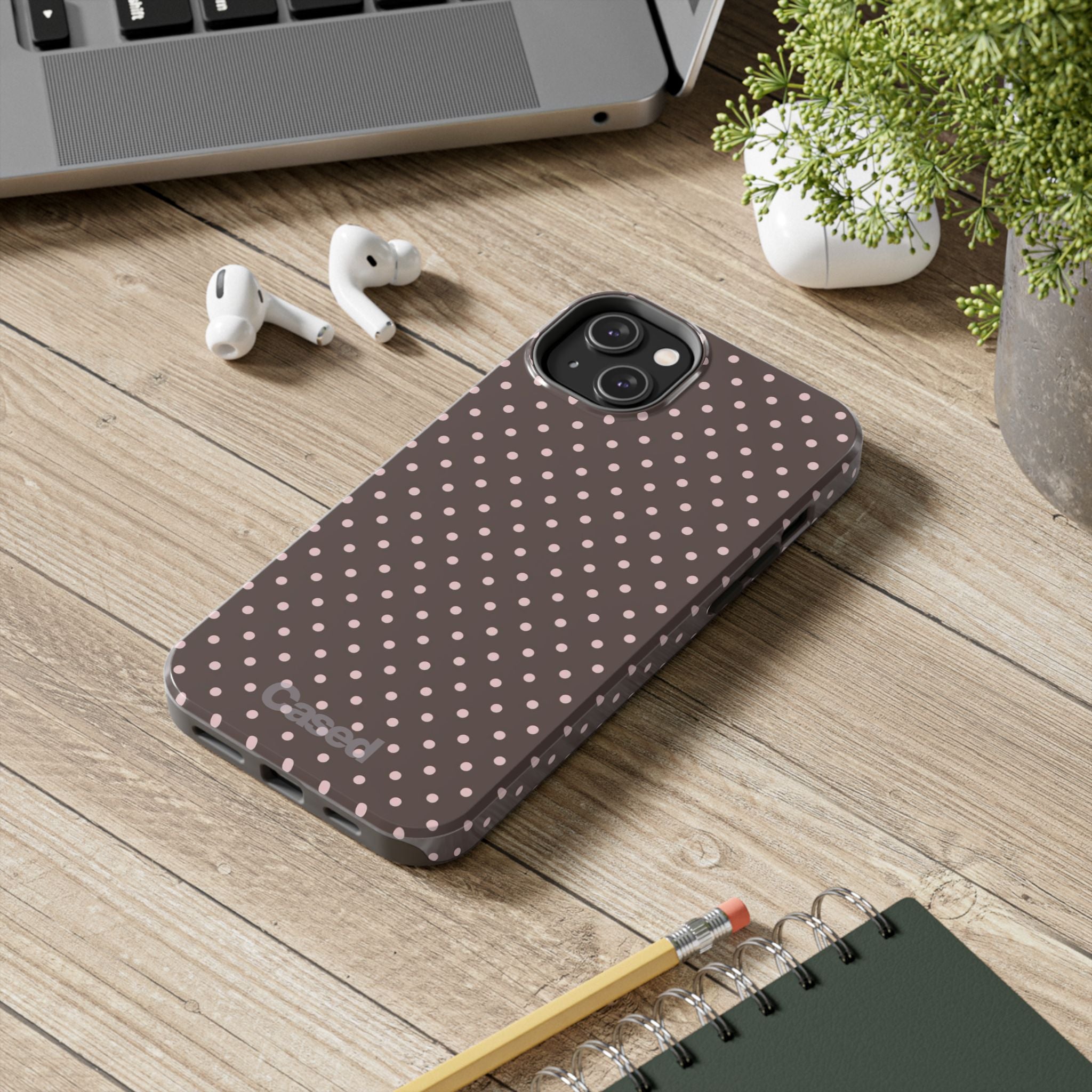 Tough Phone Case — Chocolate Brown with Pale Pink Polka Dots