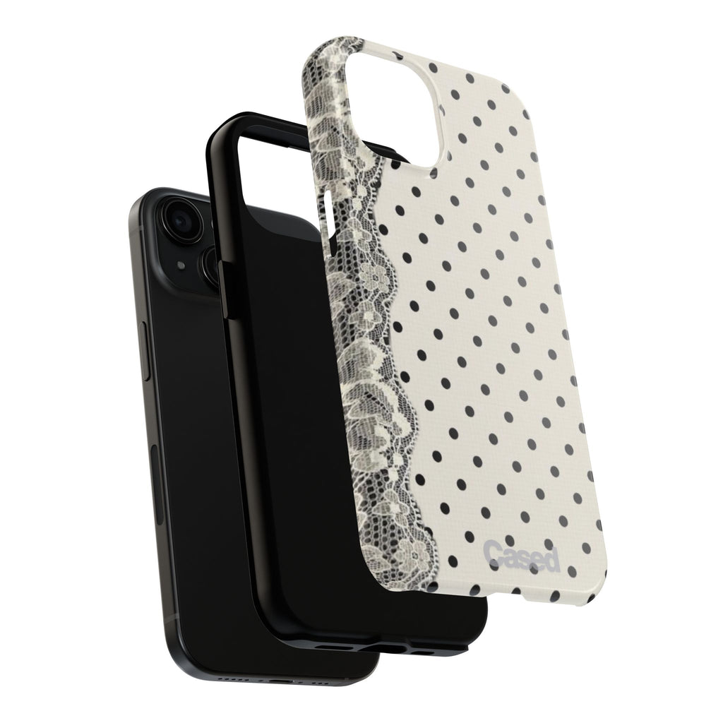 Polka Dot Lace Tough Phone Case – Vintage Black & Ivory Protective Cover