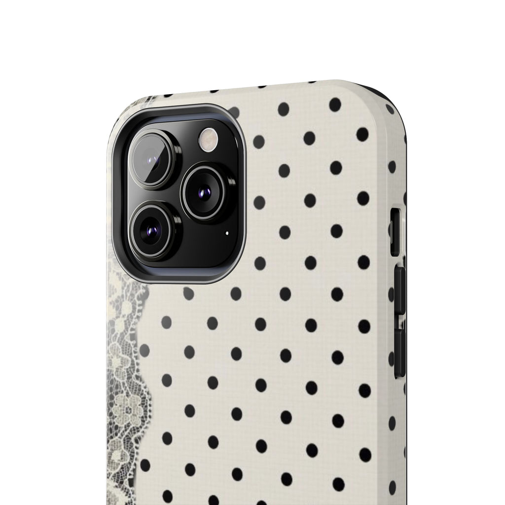 Polka Dot Lace Tough Phone Case – Vintage Black & Ivory Protective Cover