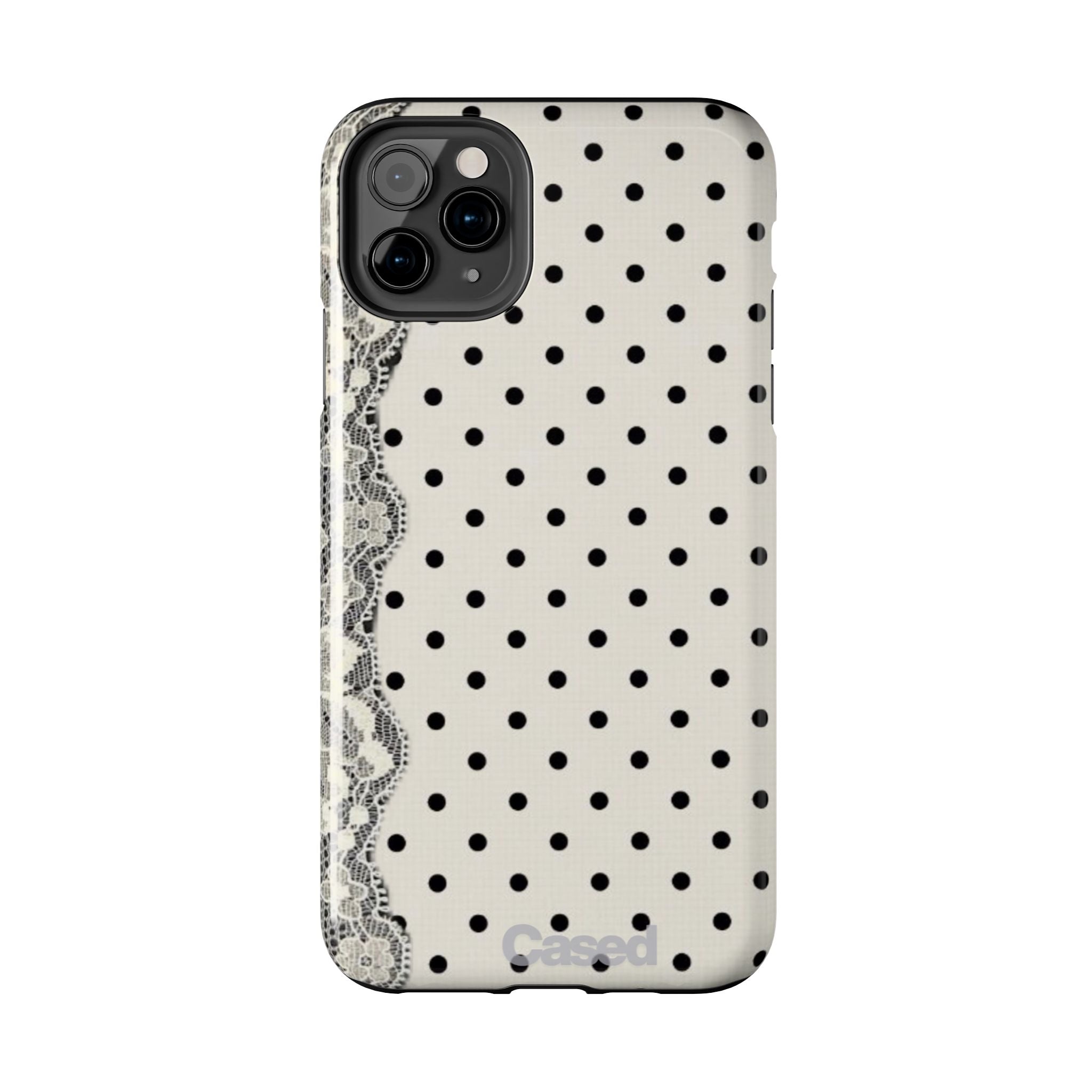 Polka Dot Lace Tough Phone Case – Vintage Black & Ivory Protective Cover
