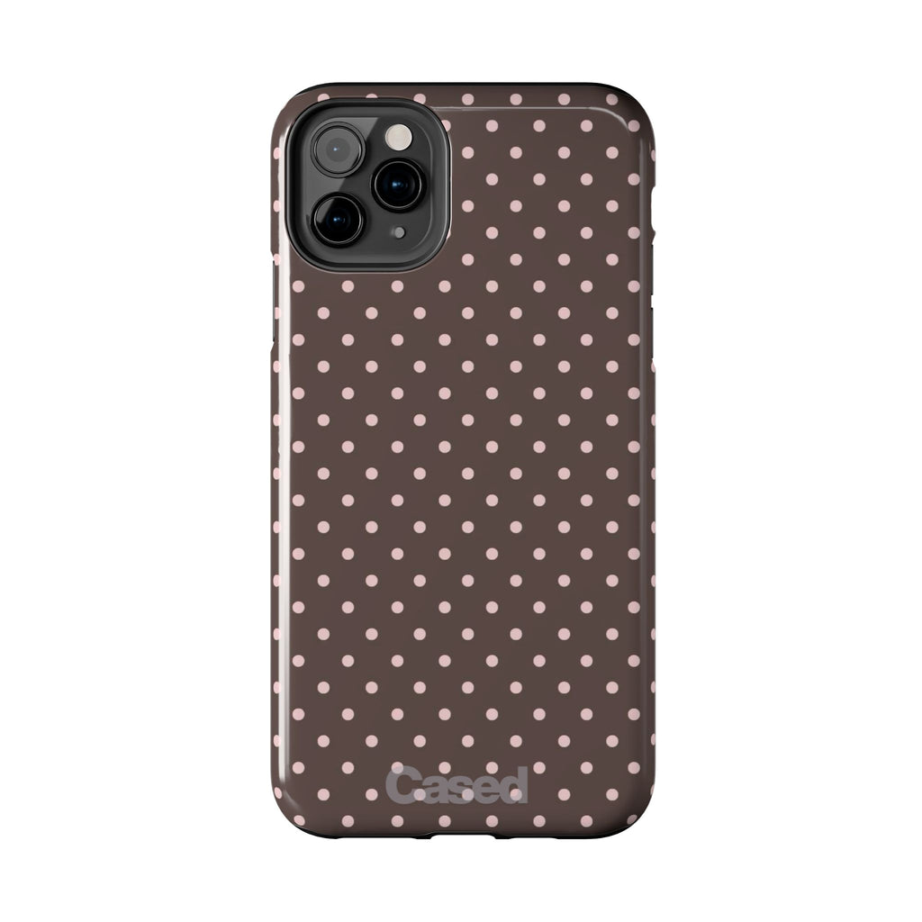 Tough Phone Case — Chocolate Brown with Pale Pink Polka Dots