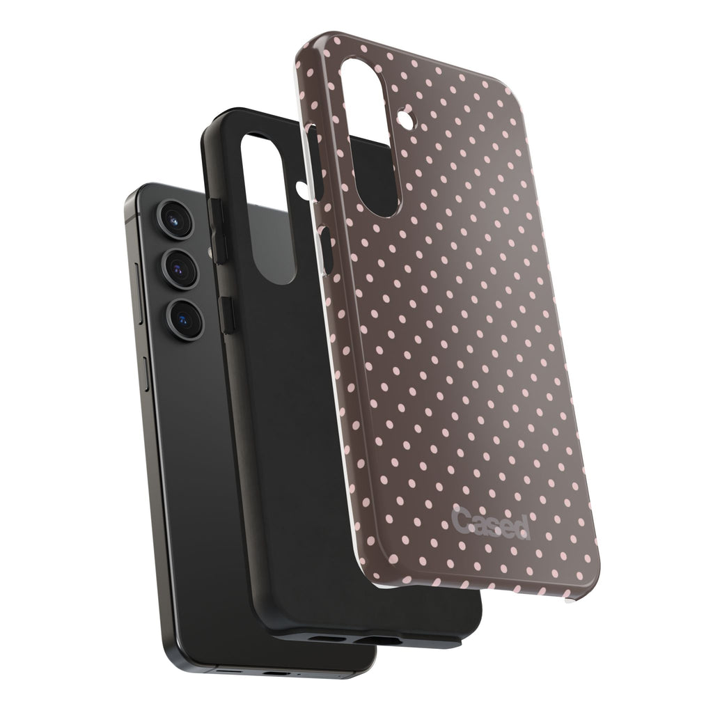 Tough Phone Case — Chocolate Brown with Pale Pink Polka Dots