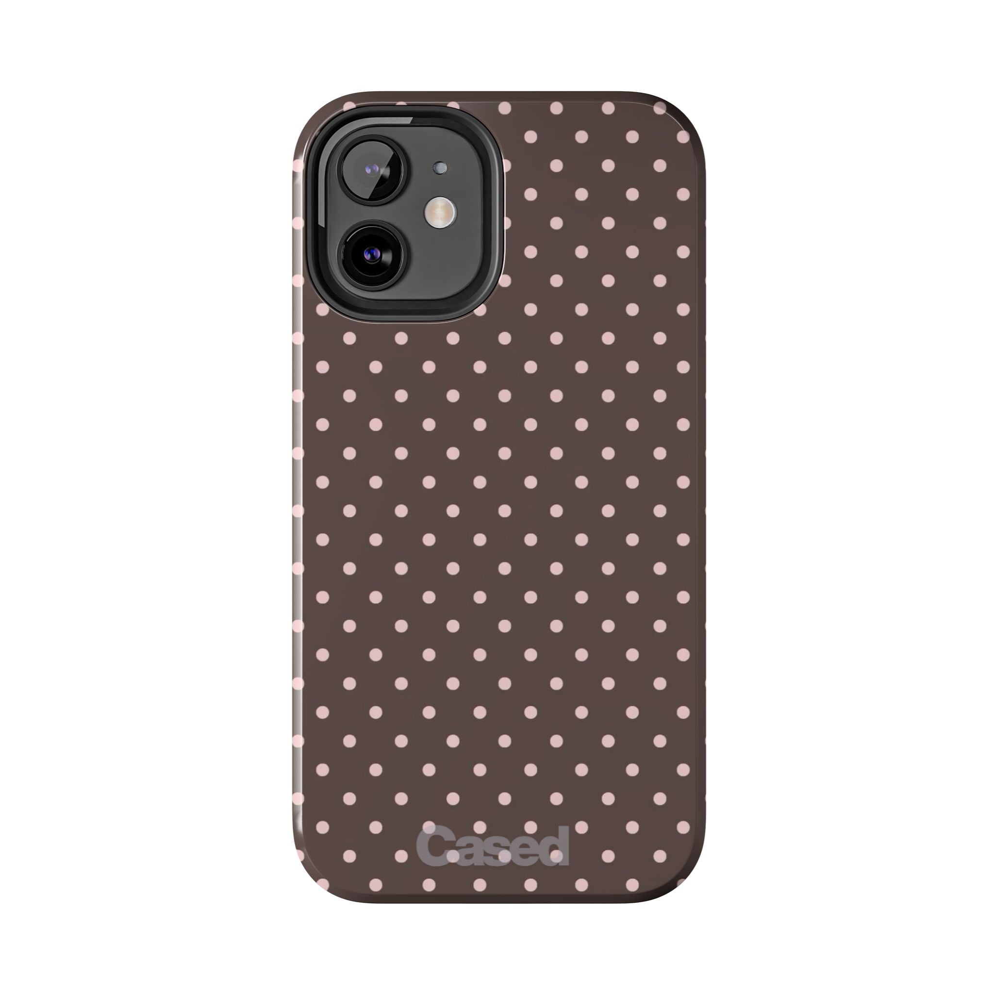 Tough Phone Case — Chocolate Brown with Pale Pink Polka Dots