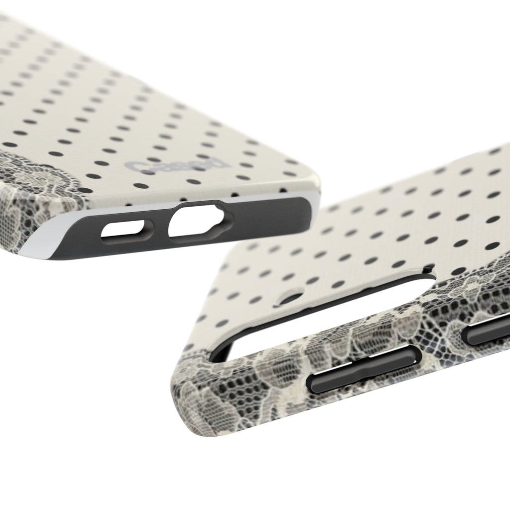 Polka Dot Lace Tough Phone Case – Vintage Black & Ivory Protective Cover